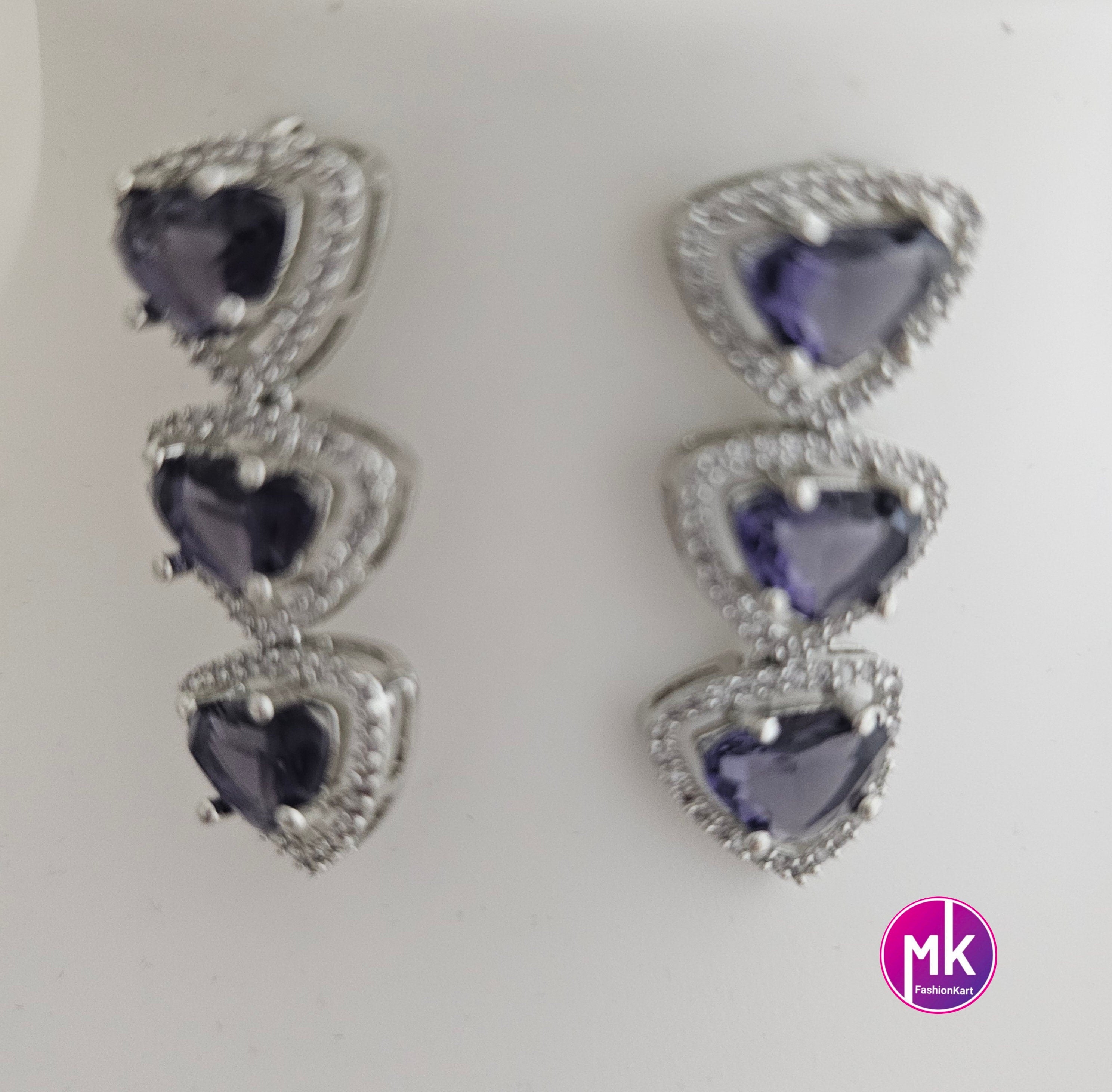 American Diamond Silver Finish AD Stone Purple Necklace with matching Earrings - Prom Necklace -  Diamond Jewelry Replica