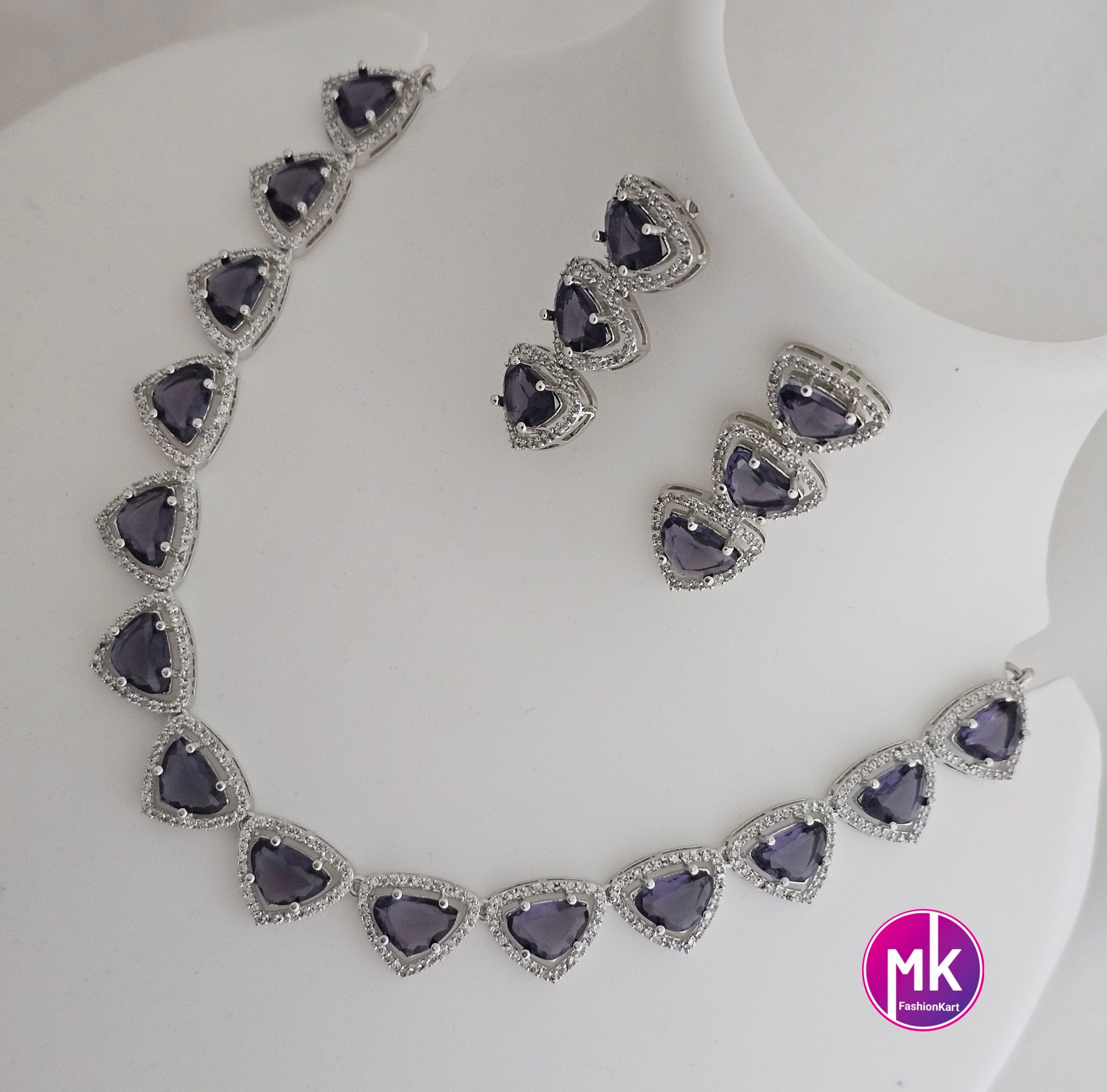 American Diamond Silver Finish AD Stone Purple Necklace with matching Earrings - Prom Necklace -  Diamond Jewelry Replica