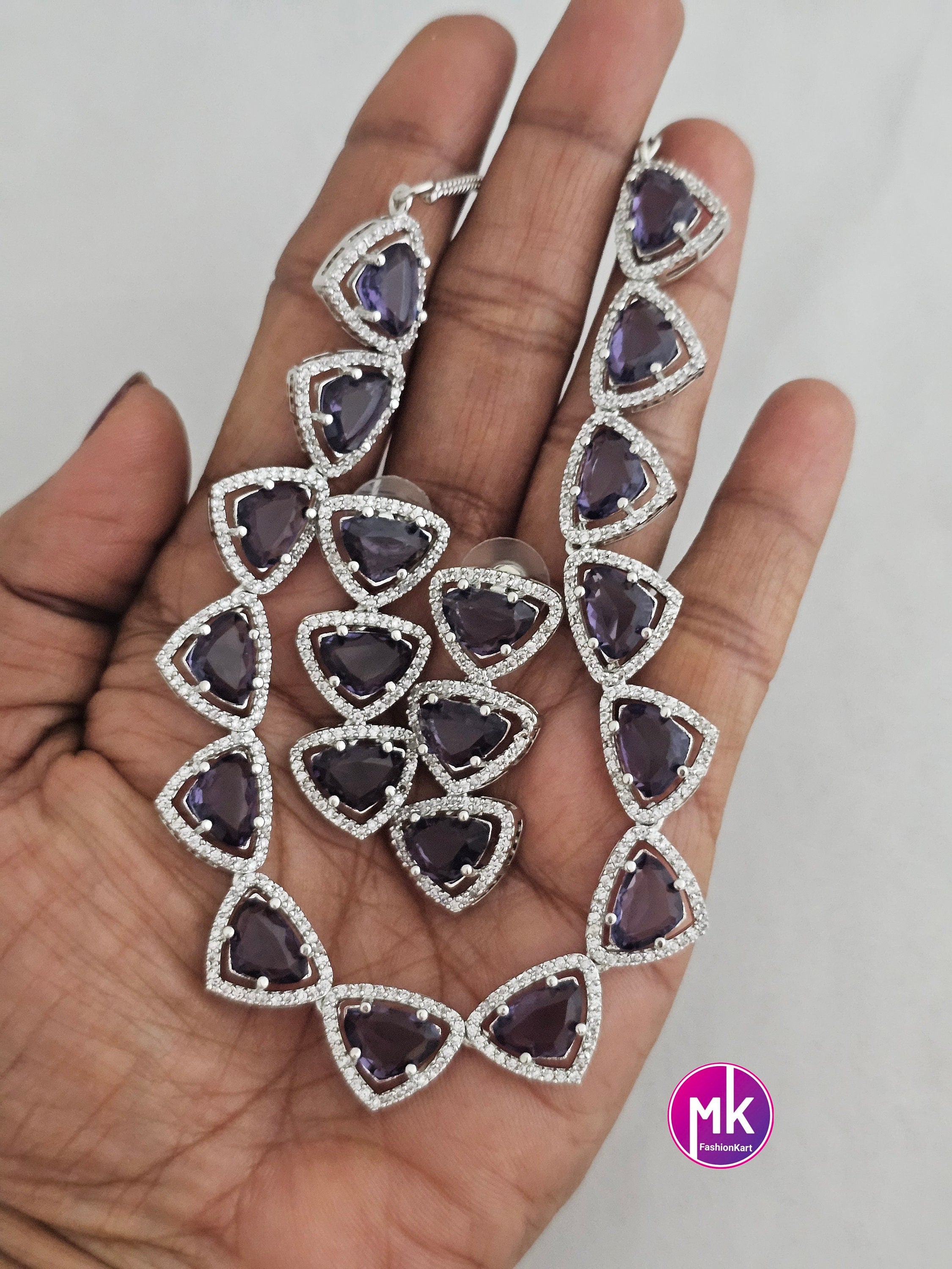 American Diamond Silver Finish AD Stone Purple Necklace with matching Earrings - Prom Necklace -  Diamond Jewelry Replica