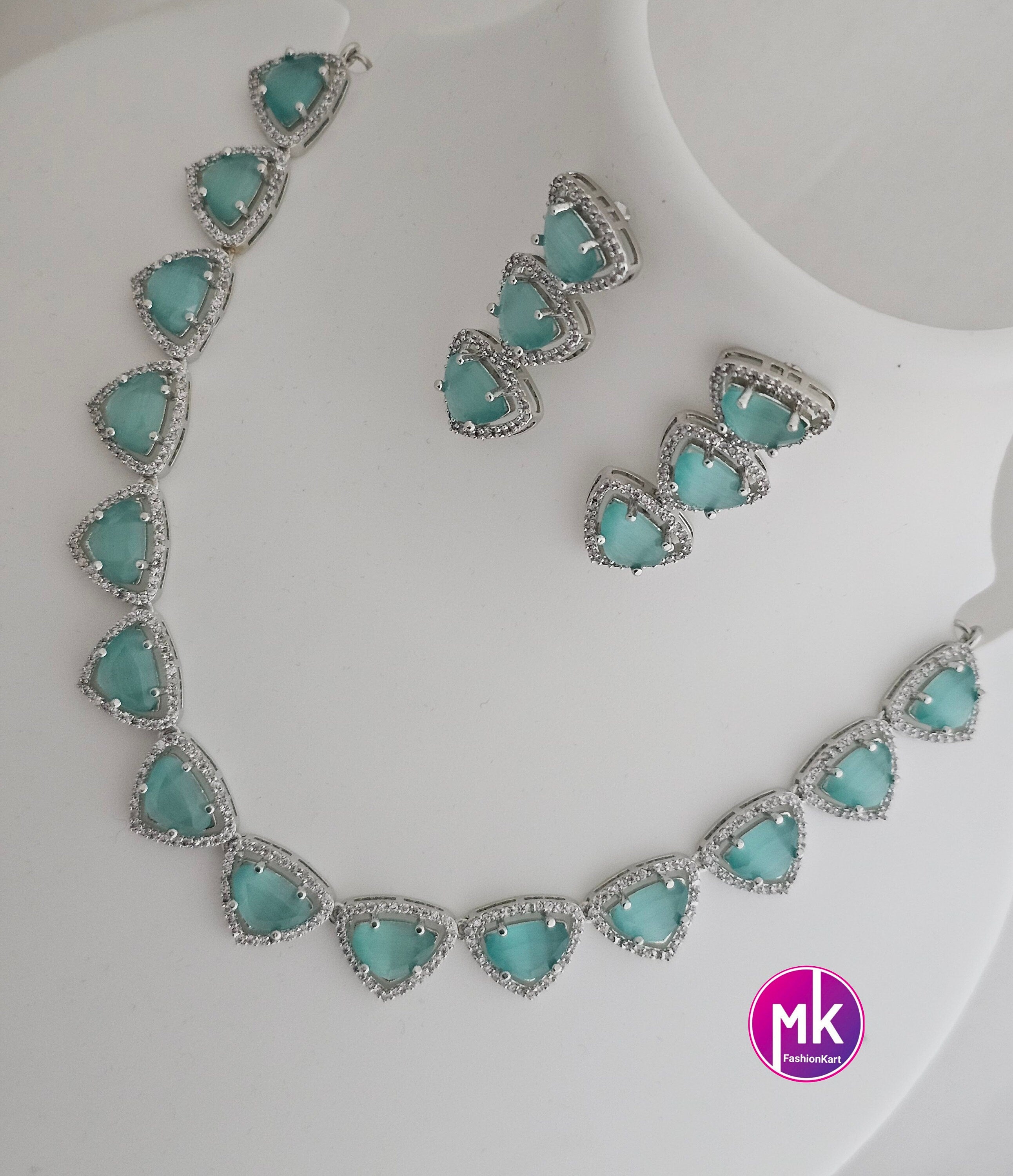 American Diamond Silver Finish AD Stone Teel Green Necklace with Earrings - Prom Necklace -  Diamond Jewelry Replica