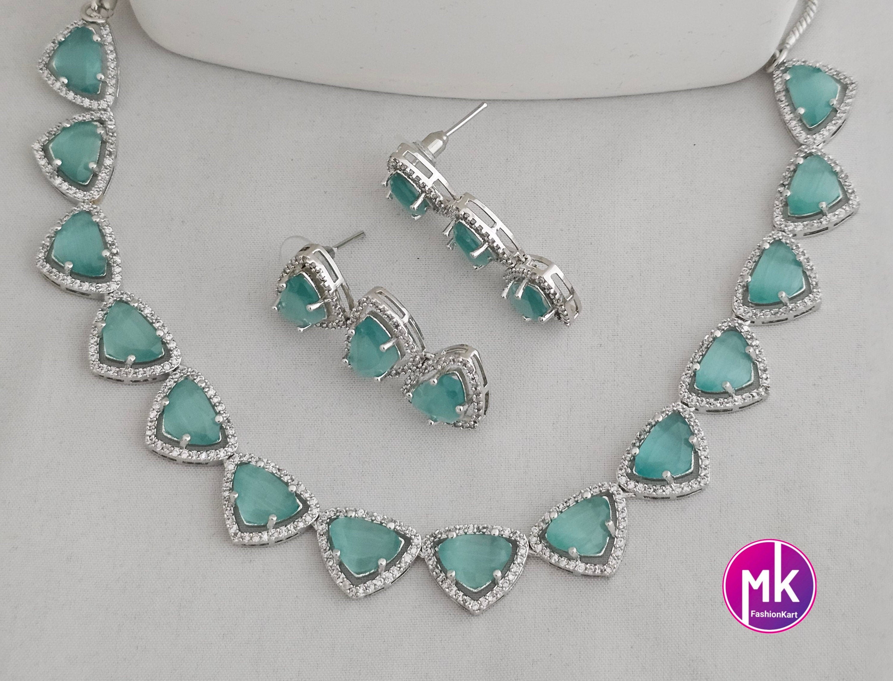 American Diamond Silver Finish AD Stone Teel Green Necklace with Earrings - Prom Necklace -  Diamond Jewelry Replica