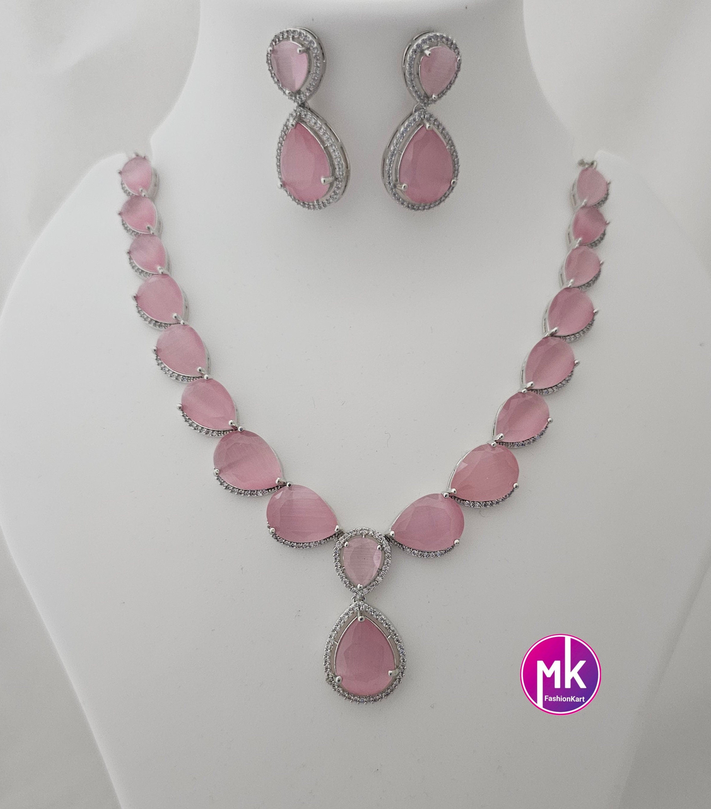 American Diamond Silver Finish AD Stone Baby pink Necklace with Earrings - Prom Necklace -  Diamond Jewelry Replica