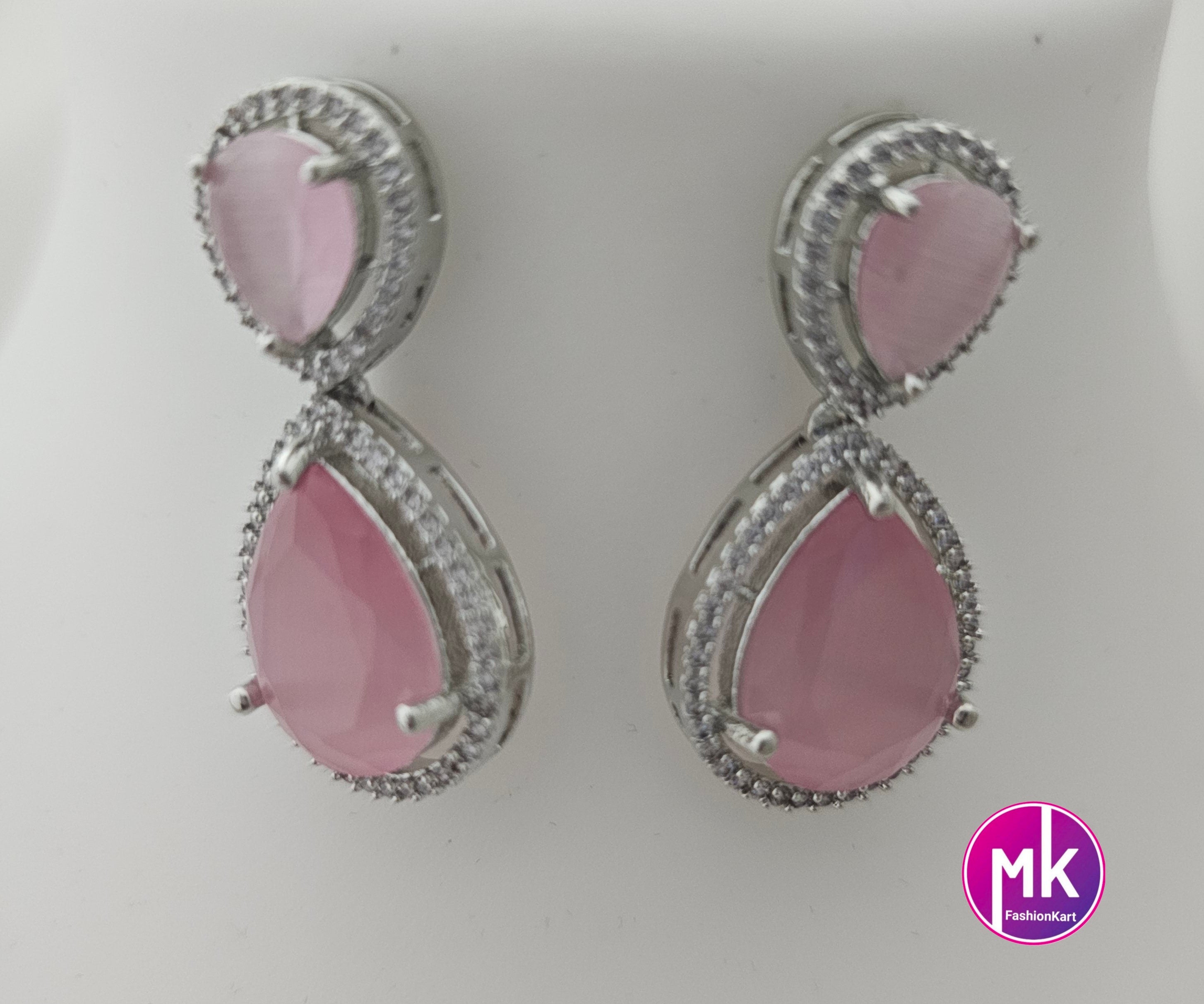 American Diamond Silver Finish AD Stone Baby pink Necklace with Earrings - Prom Necklace -  Diamond Jewelry Replica