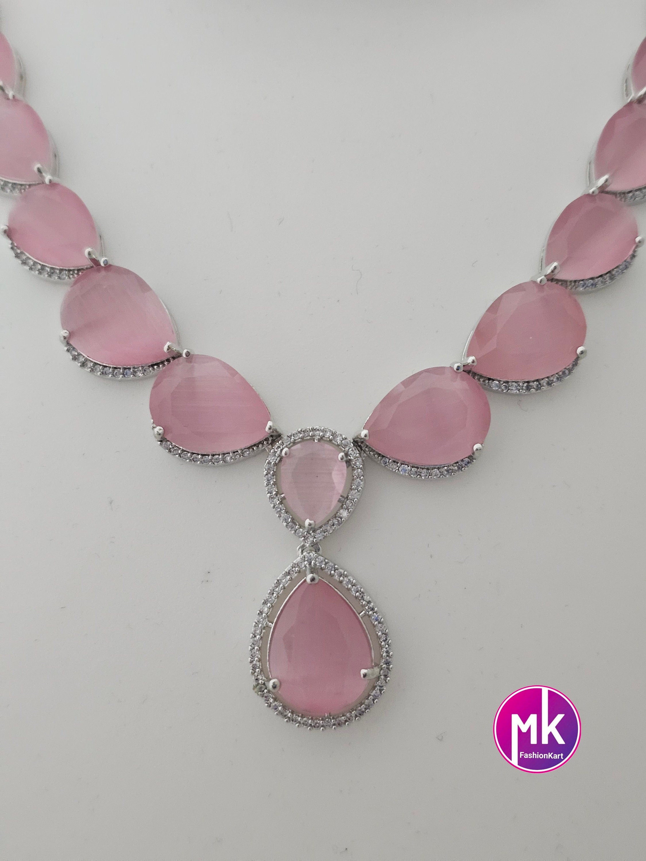 American Diamond Silver Finish AD Stone Baby pink Necklace with Earrings - Prom Necklace -  Diamond Jewelry Replica