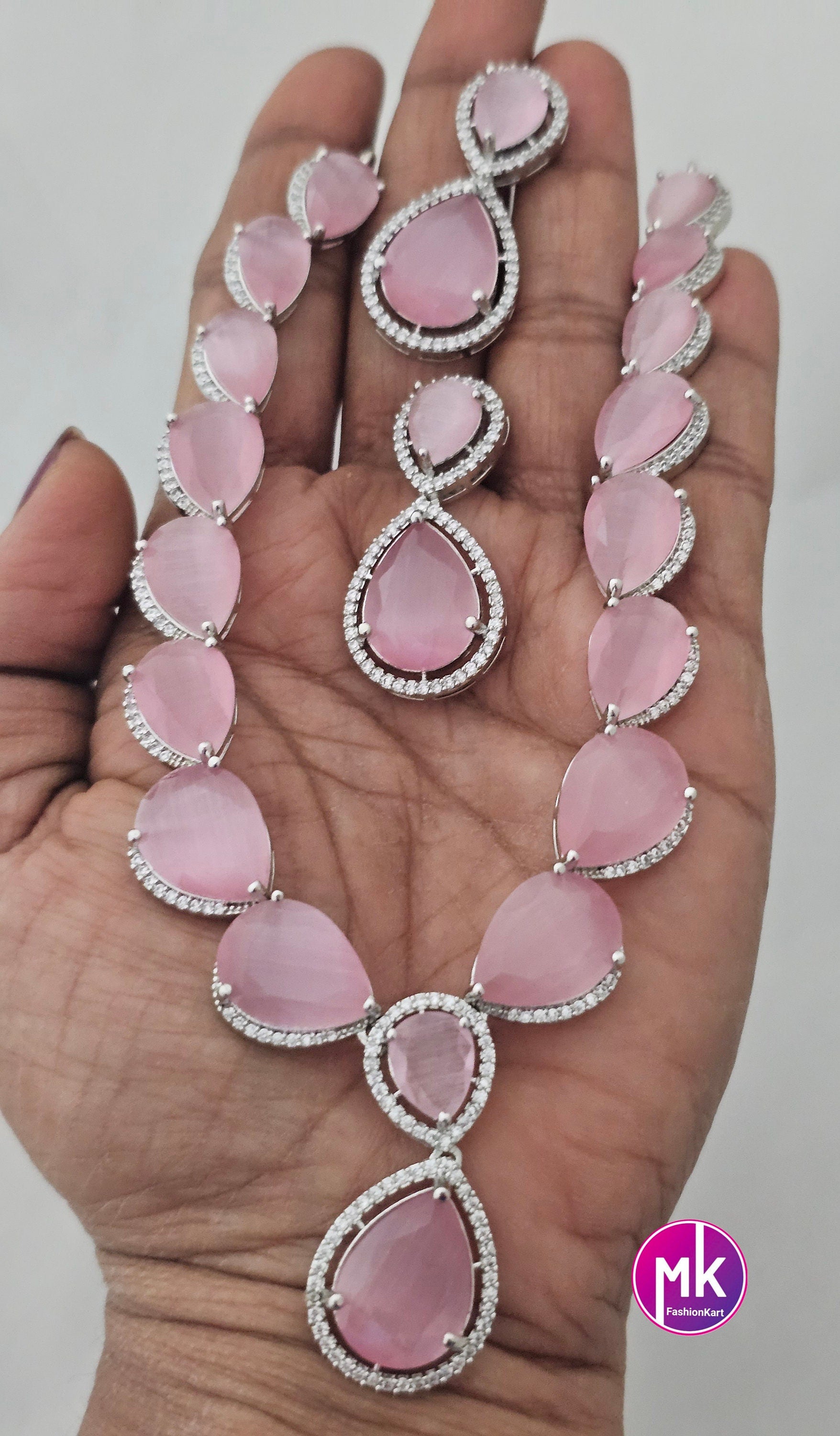 American Diamond Silver Finish AD Stone Baby pink Necklace with Earrings - Prom Necklace -  Diamond Jewelry Replica