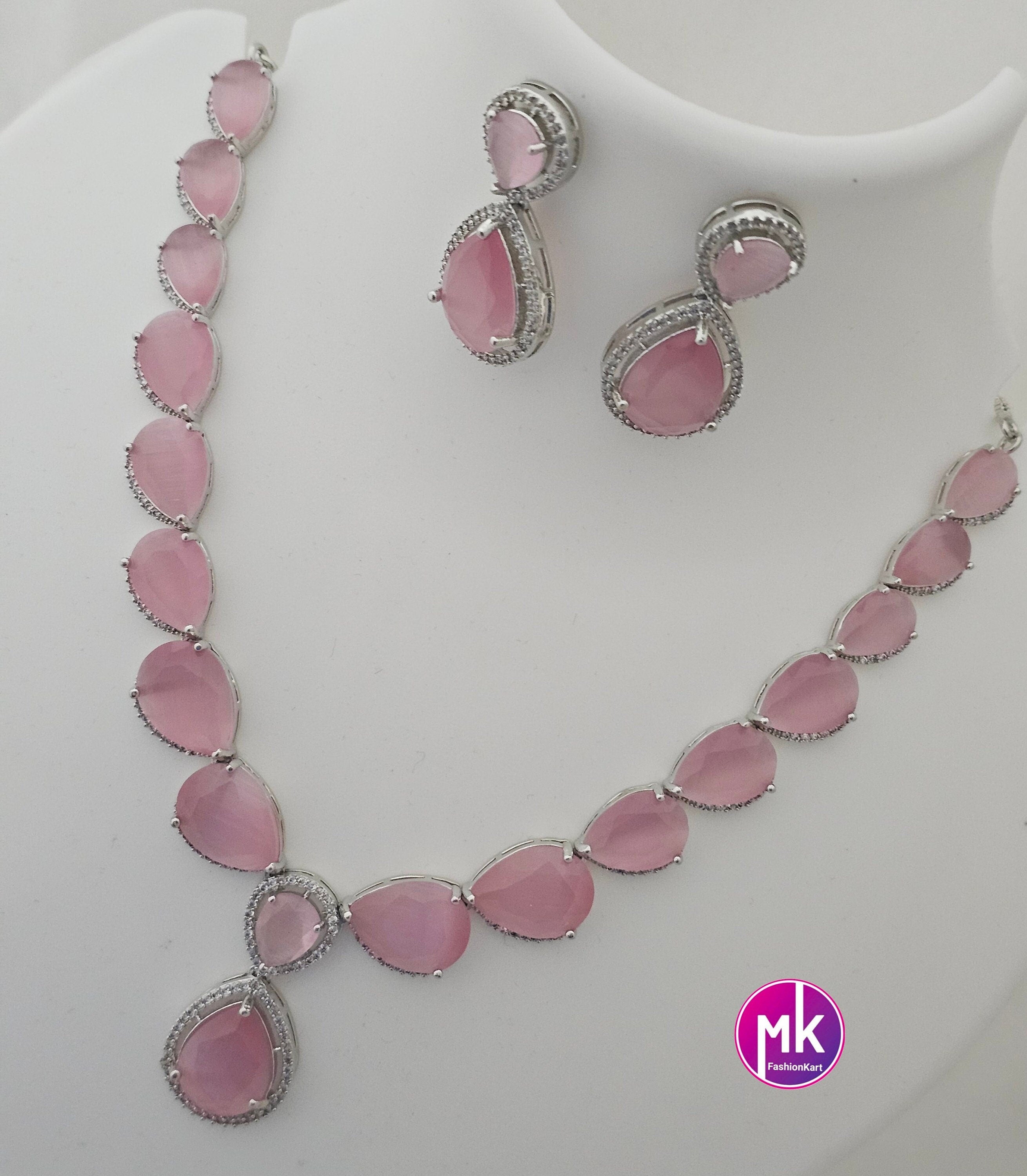 American Diamond Silver Finish AD Stone Baby pink Necklace with Earrings - Prom Necklace -  Diamond Jewelry Replica