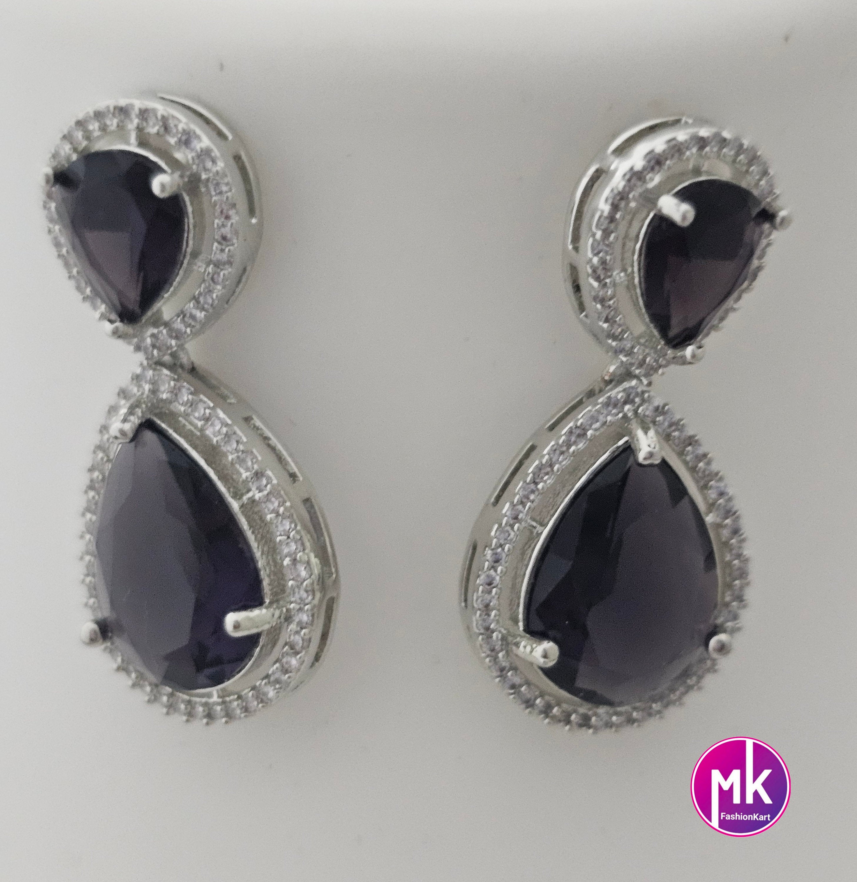 American Diamond Silver Finish AD Stone Purple Necklace with matching Earrings - Prom Necklace -  Diamond Jewelry Replica