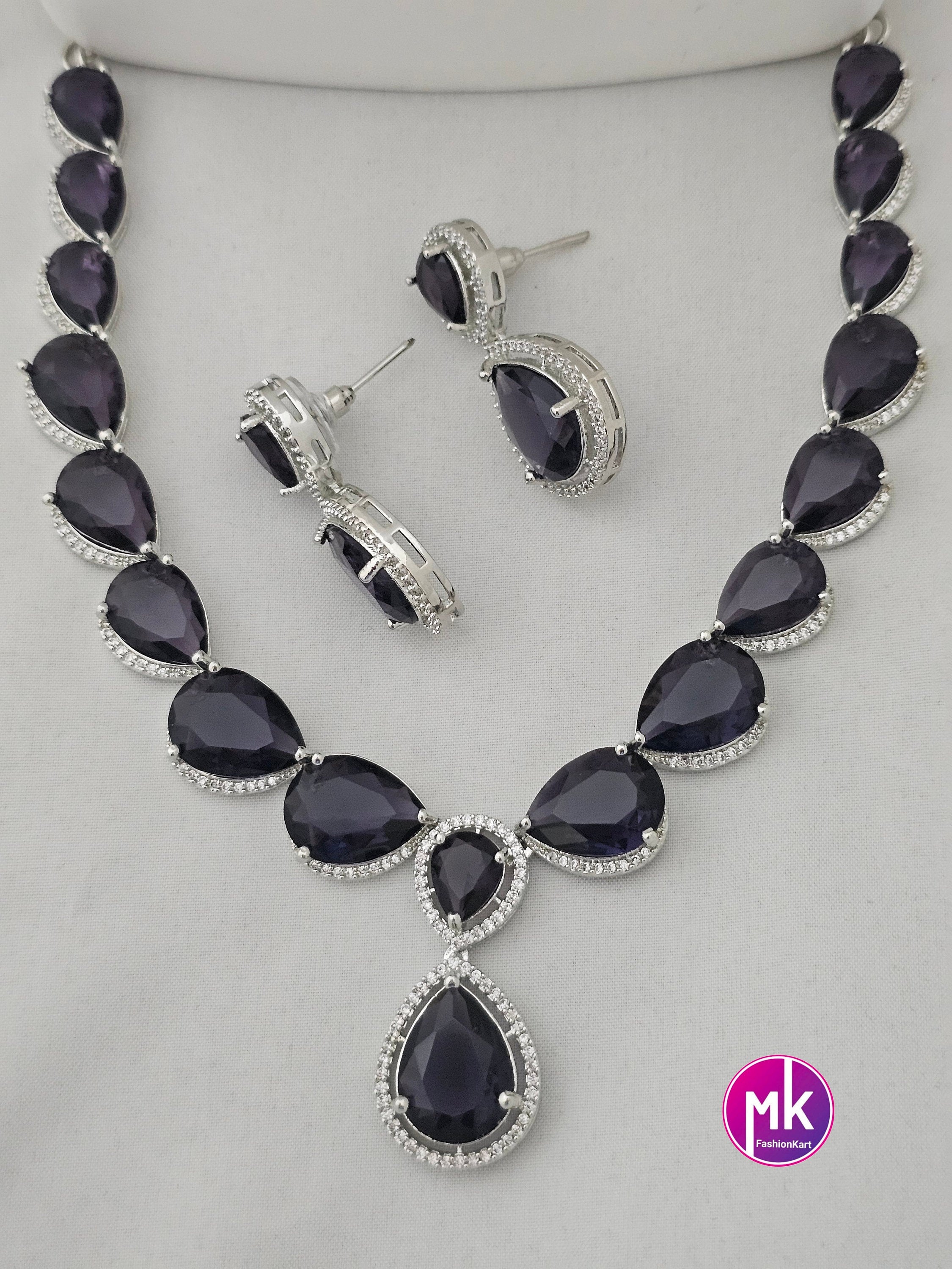 American Diamond Silver Finish AD Stone Purple Necklace with matching Earrings - Prom Necklace -  Diamond Jewelry Replica