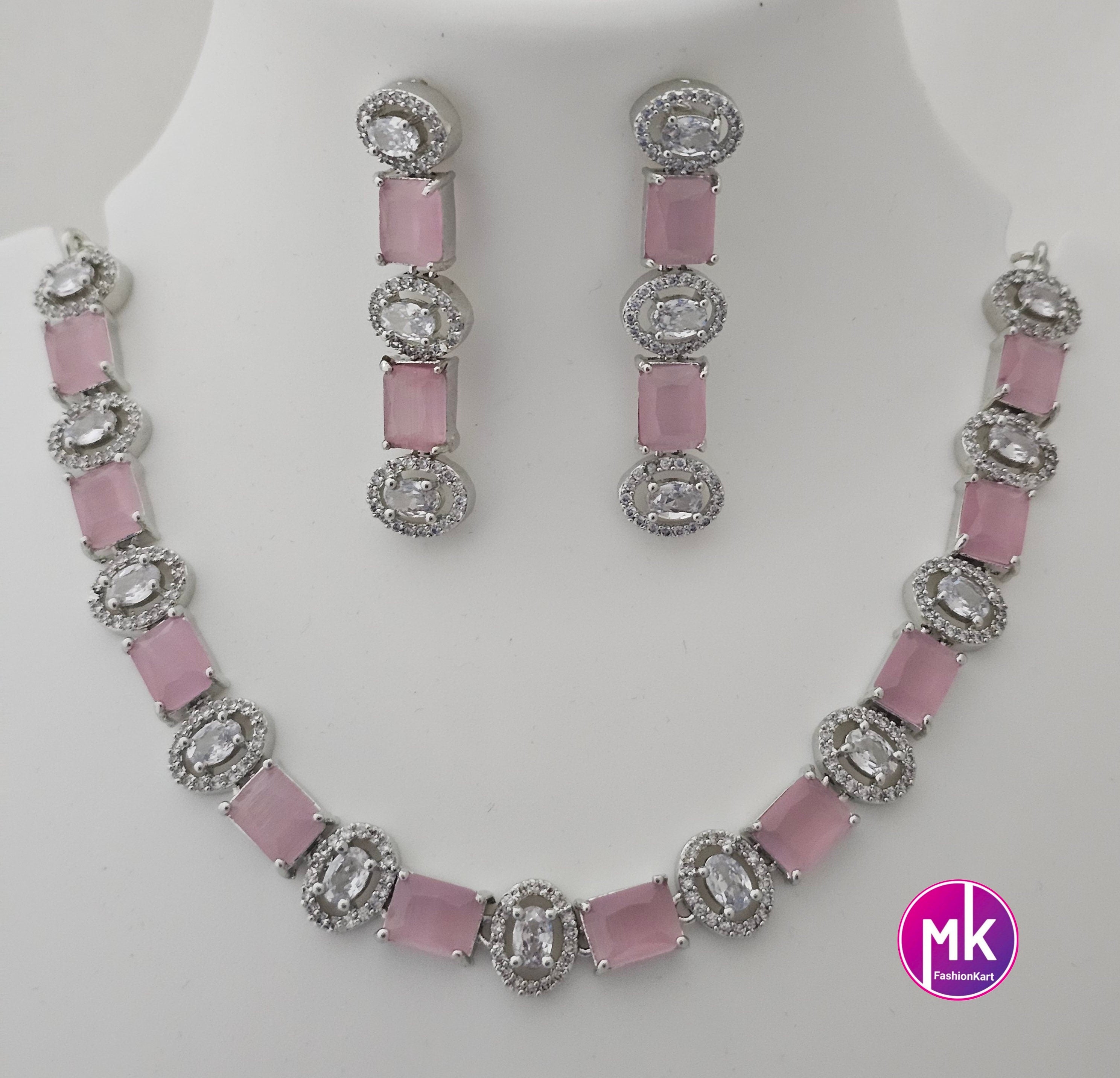 American Diamond Silver Finish CZ/AD Stone Baby pink Necklace with Earrings - Prom Necklace -  Diamond Jewelry Replica