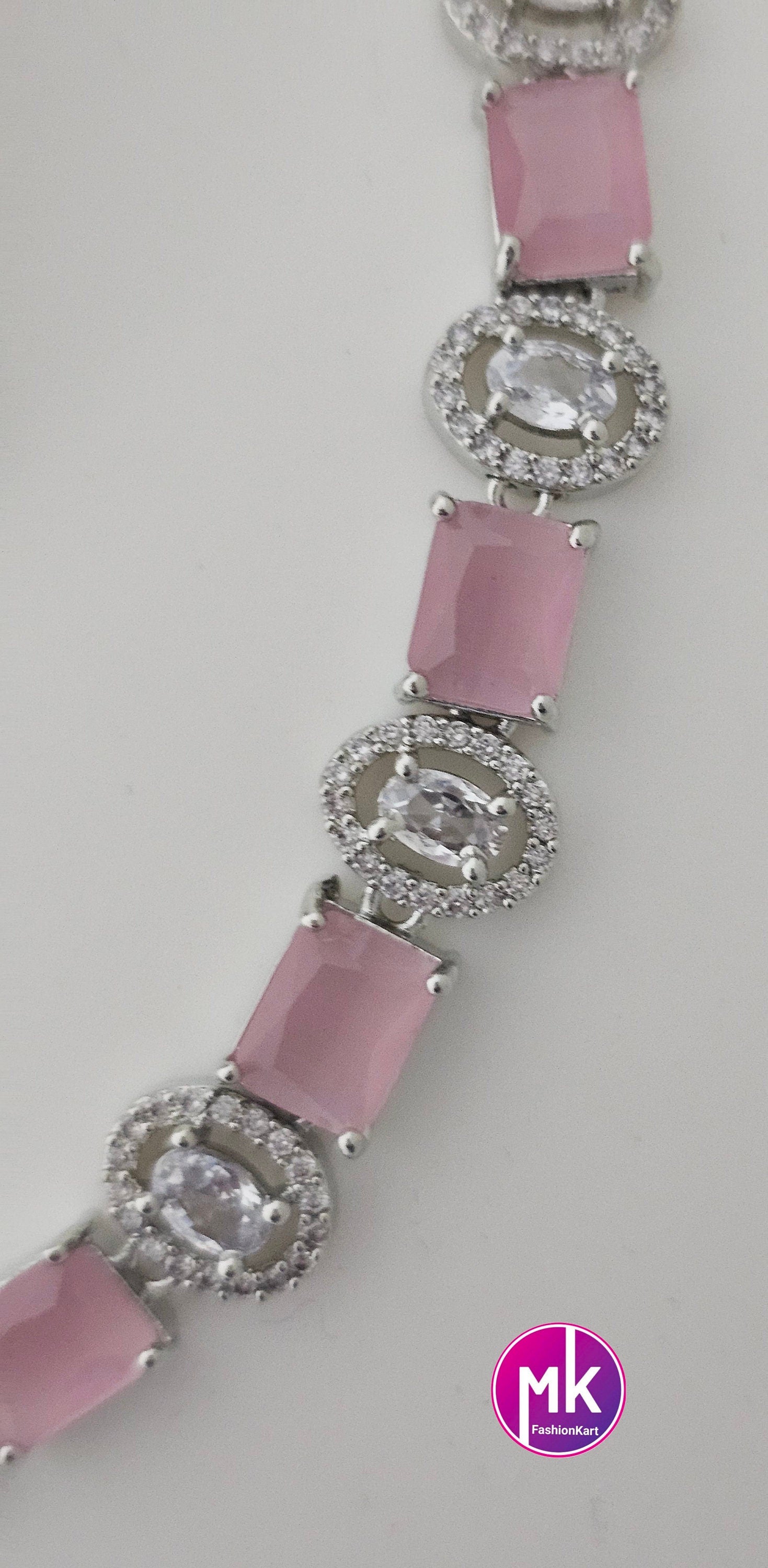 American Diamond Silver Finish CZ/AD Stone Baby pink Necklace with Earrings - Prom Necklace -  Diamond Jewelry Replica