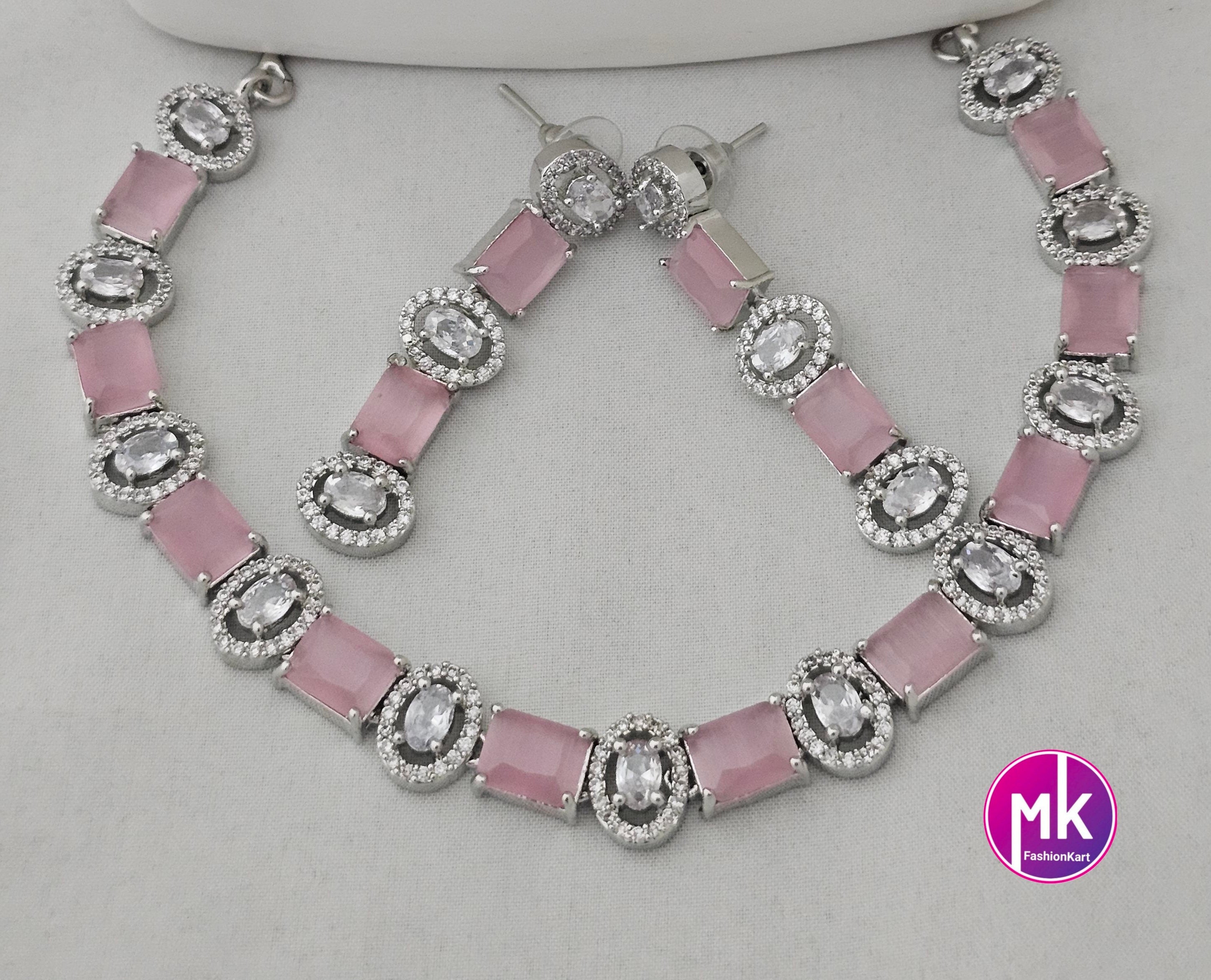 American Diamond Silver Finish CZ/AD Stone Baby pink Necklace with Earrings - Prom Necklace -  Diamond Jewelry Replica