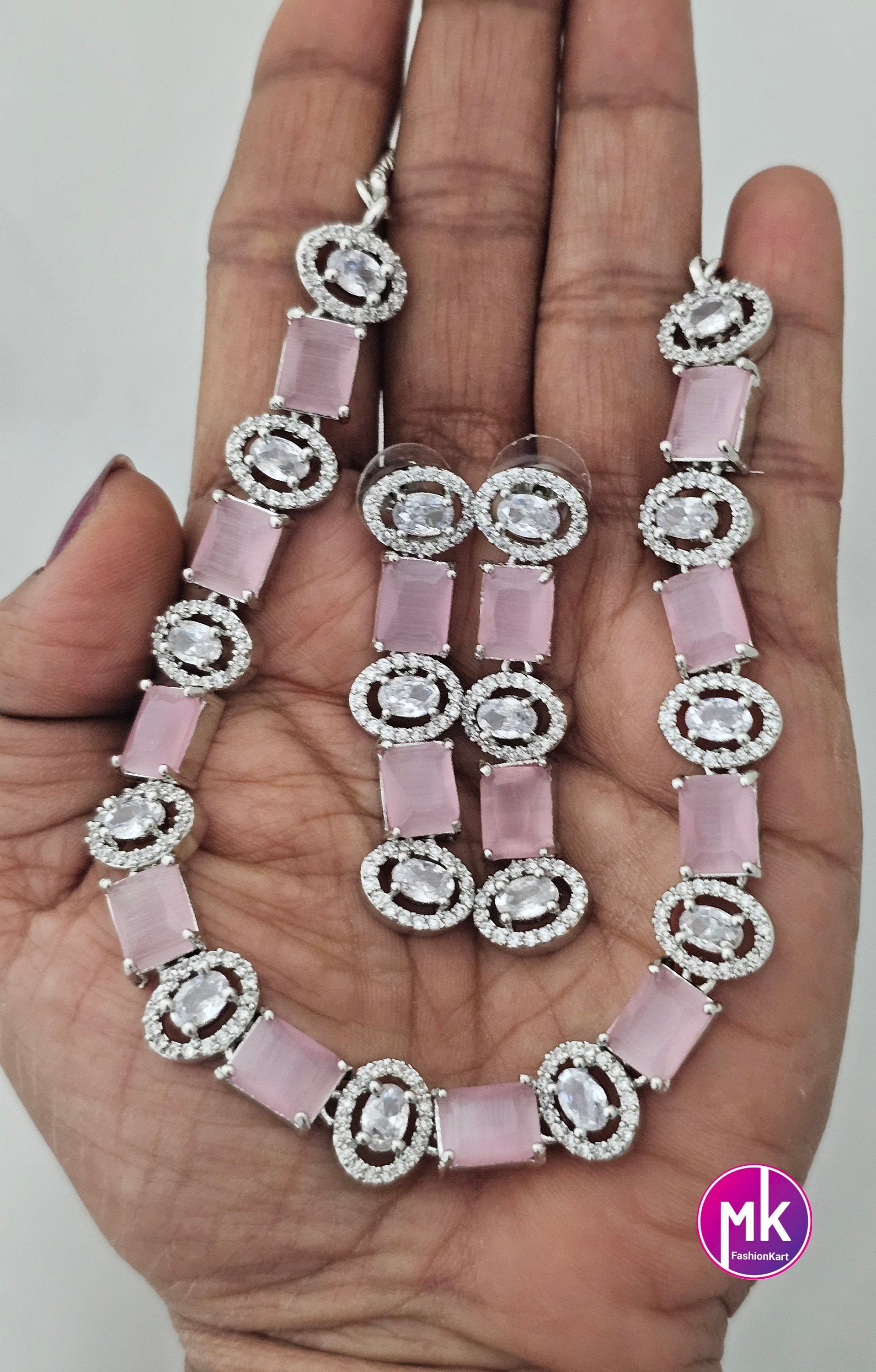 American Diamond Silver Finish CZ/AD Stone Baby pink Necklace with Earrings - Prom Necklace -  Diamond Jewelry Replica