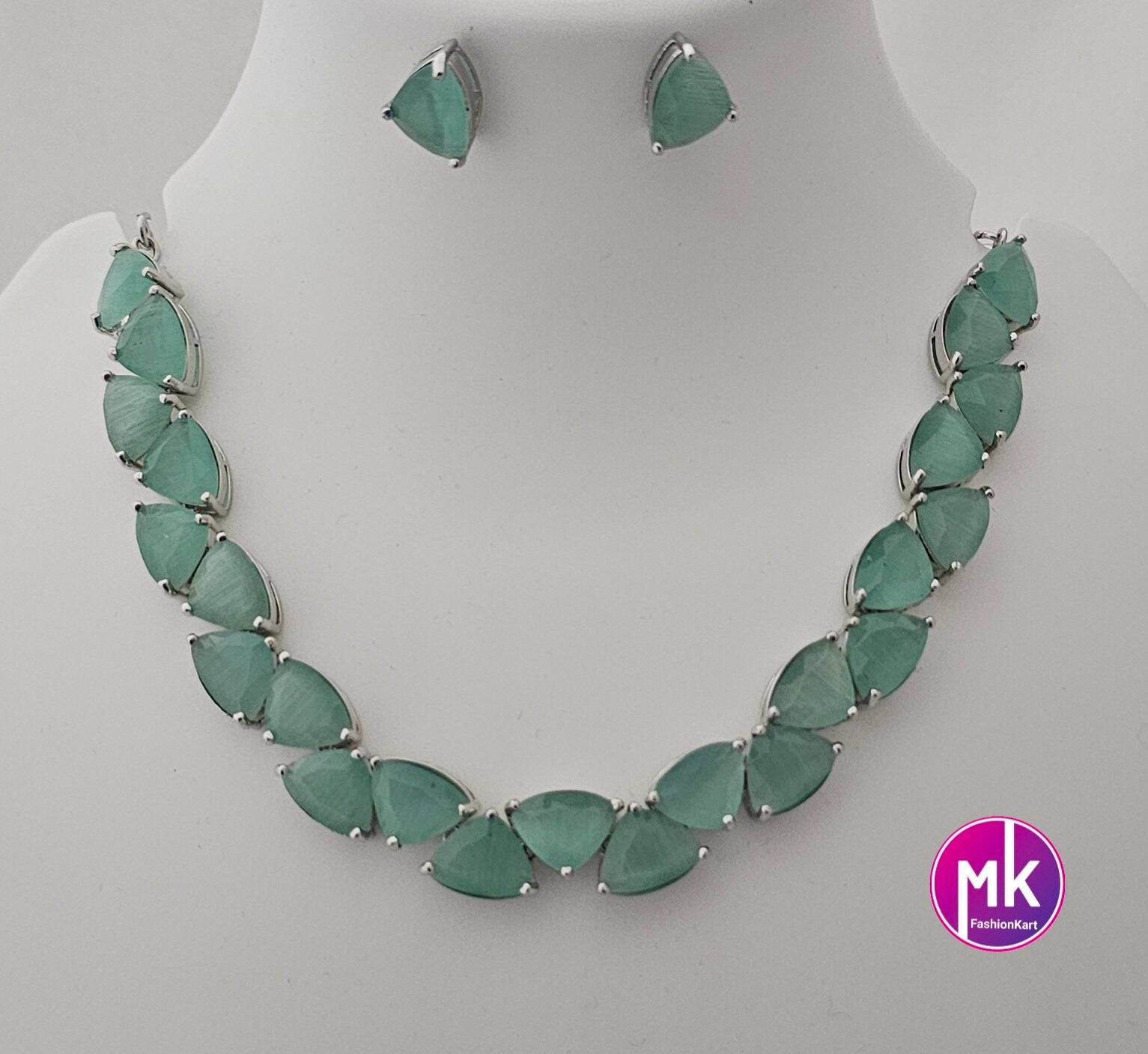 American Diamond Silver Finish AD Stone Teel Green Necklace with Earrings - Prom Necklace -  Diamond Jewelry Replica
