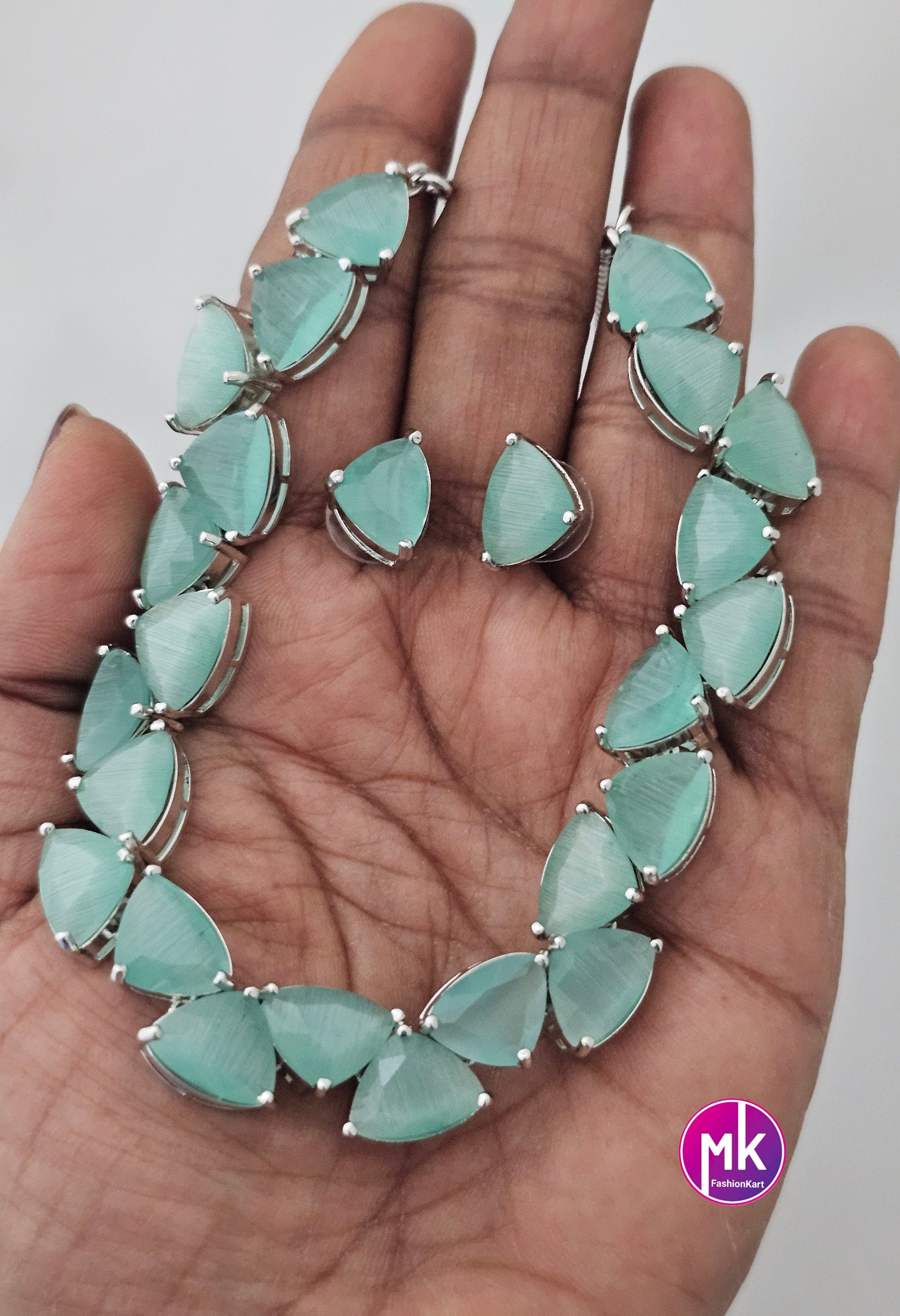 American Diamond Silver Finish AD Stone Teel Green Necklace with Earrings - Prom Necklace -  Diamond Jewelry Replica