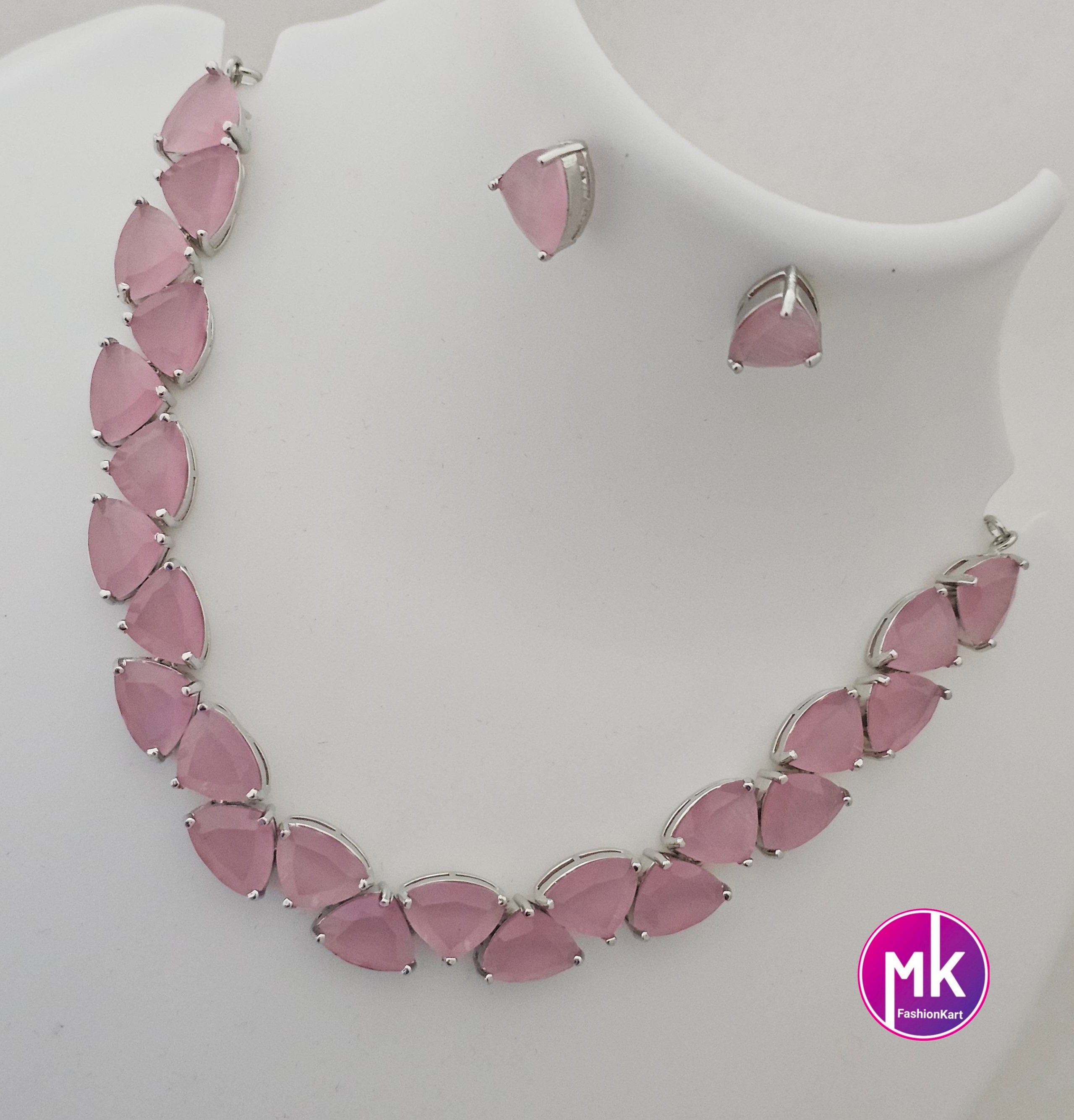 American Diamond Silver Finish AD Stone Baby pink Necklace with Earrings - Prom Necklace -  Diamond Jewelry Replica