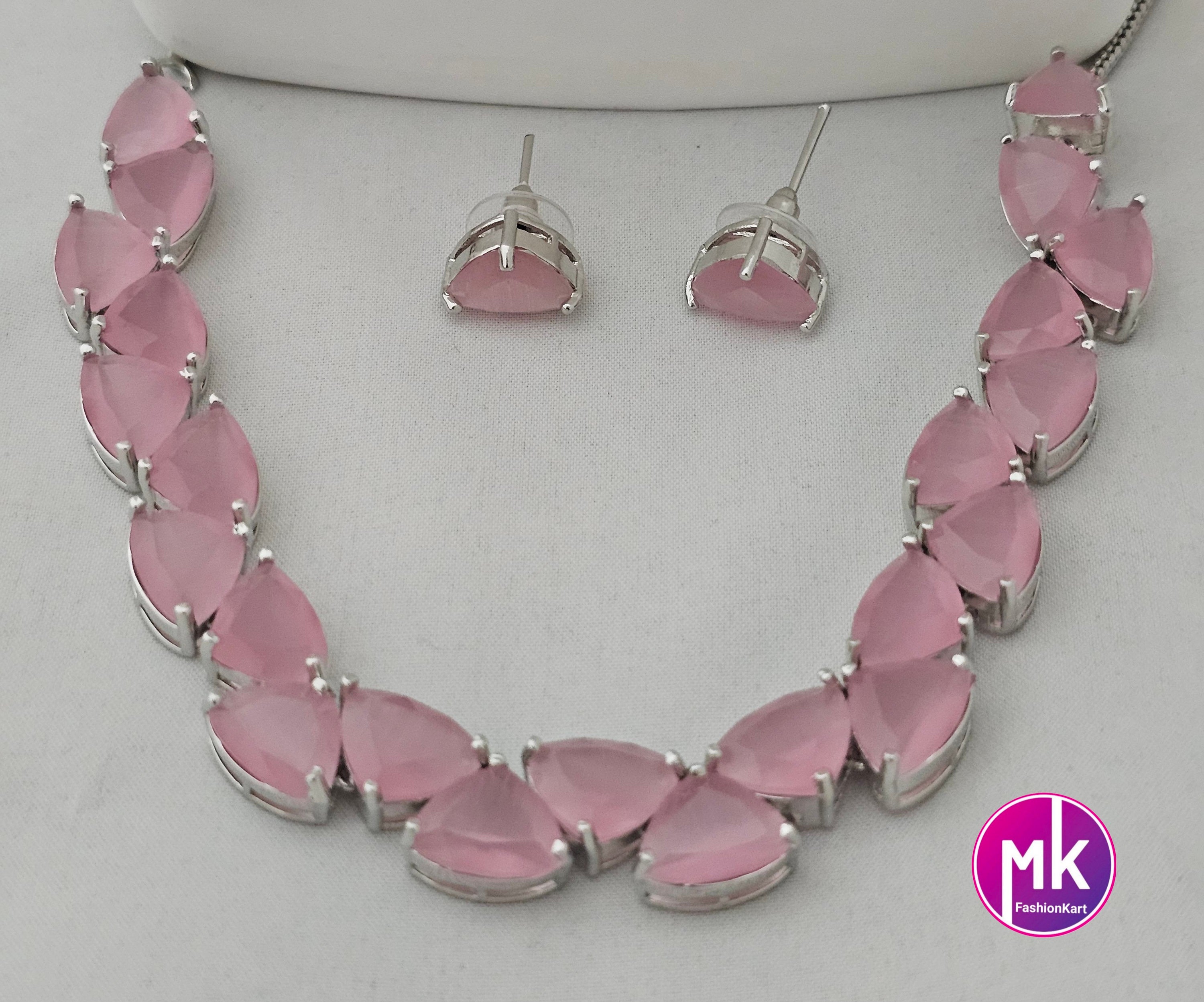 American Diamond Silver Finish AD Stone Baby pink Necklace with Earrings - Prom Necklace -  Diamond Jewelry Replica