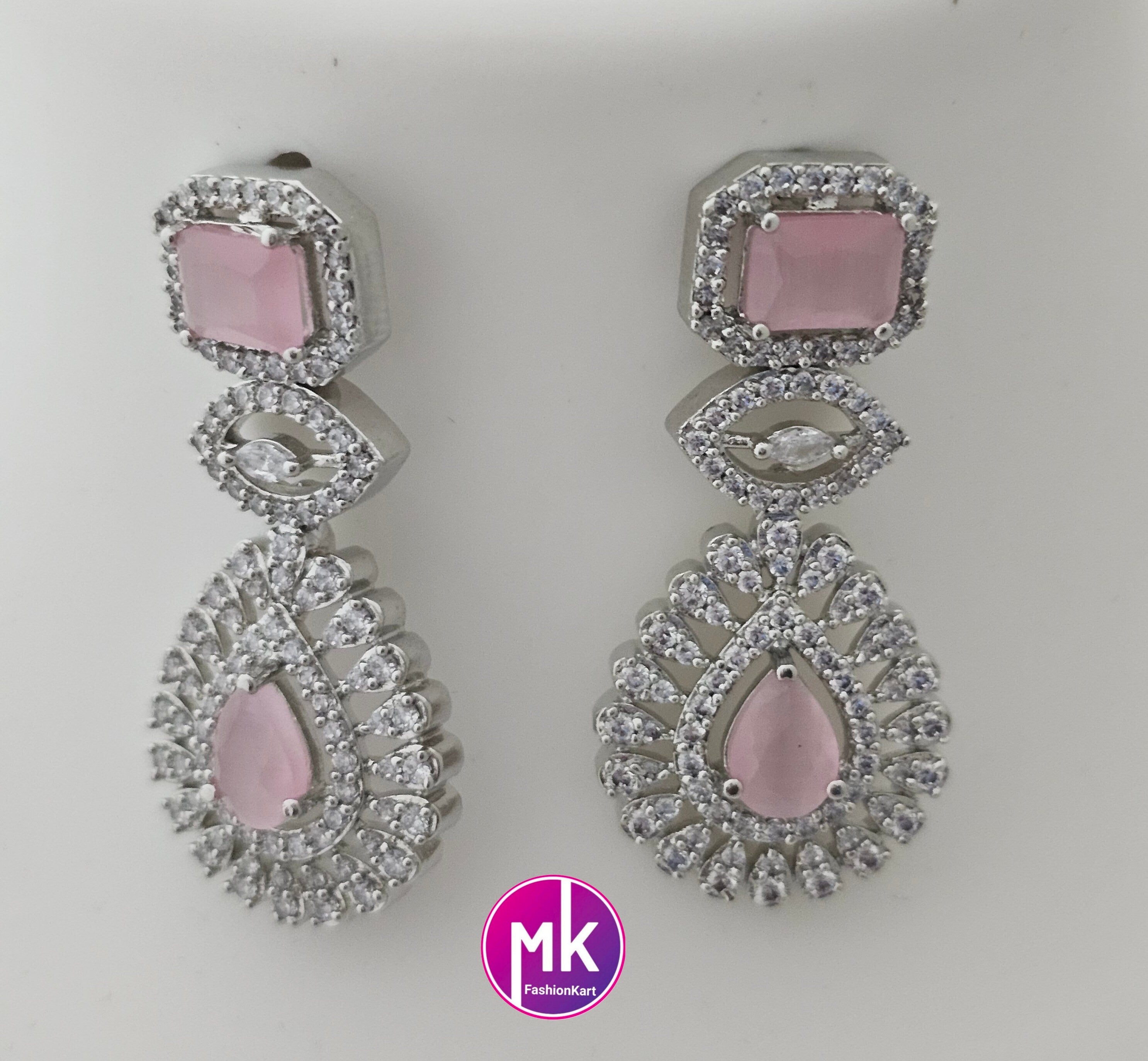 American Diamond Silver Finish CZ/AD Stone Baby pink Necklace with Earrings - Prom Necklace -  Diamond Jewelry Replica