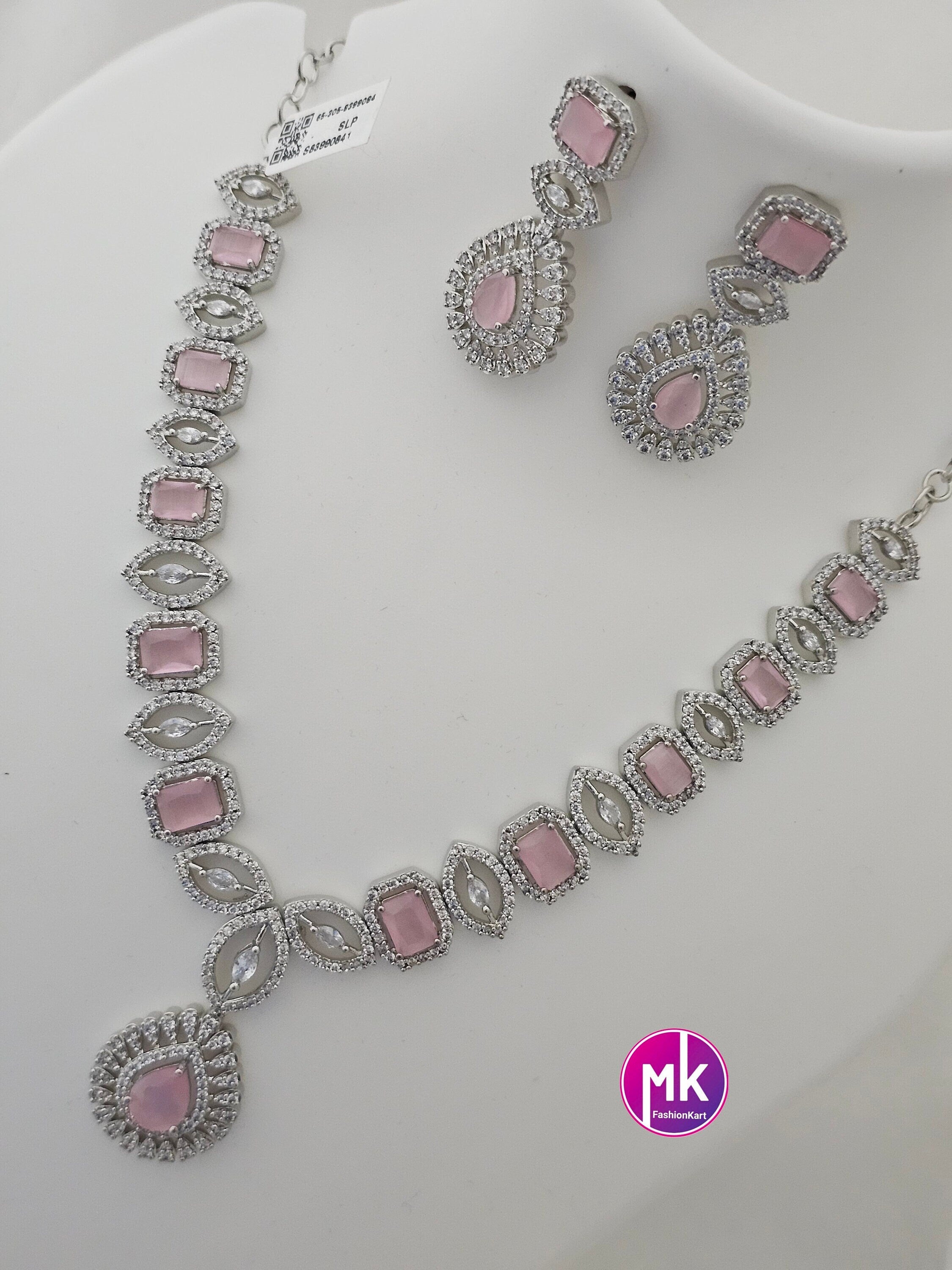 American Diamond Silver Finish CZ/AD Stone Baby pink Necklace with Earrings - Prom Necklace -  Diamond Jewelry Replica