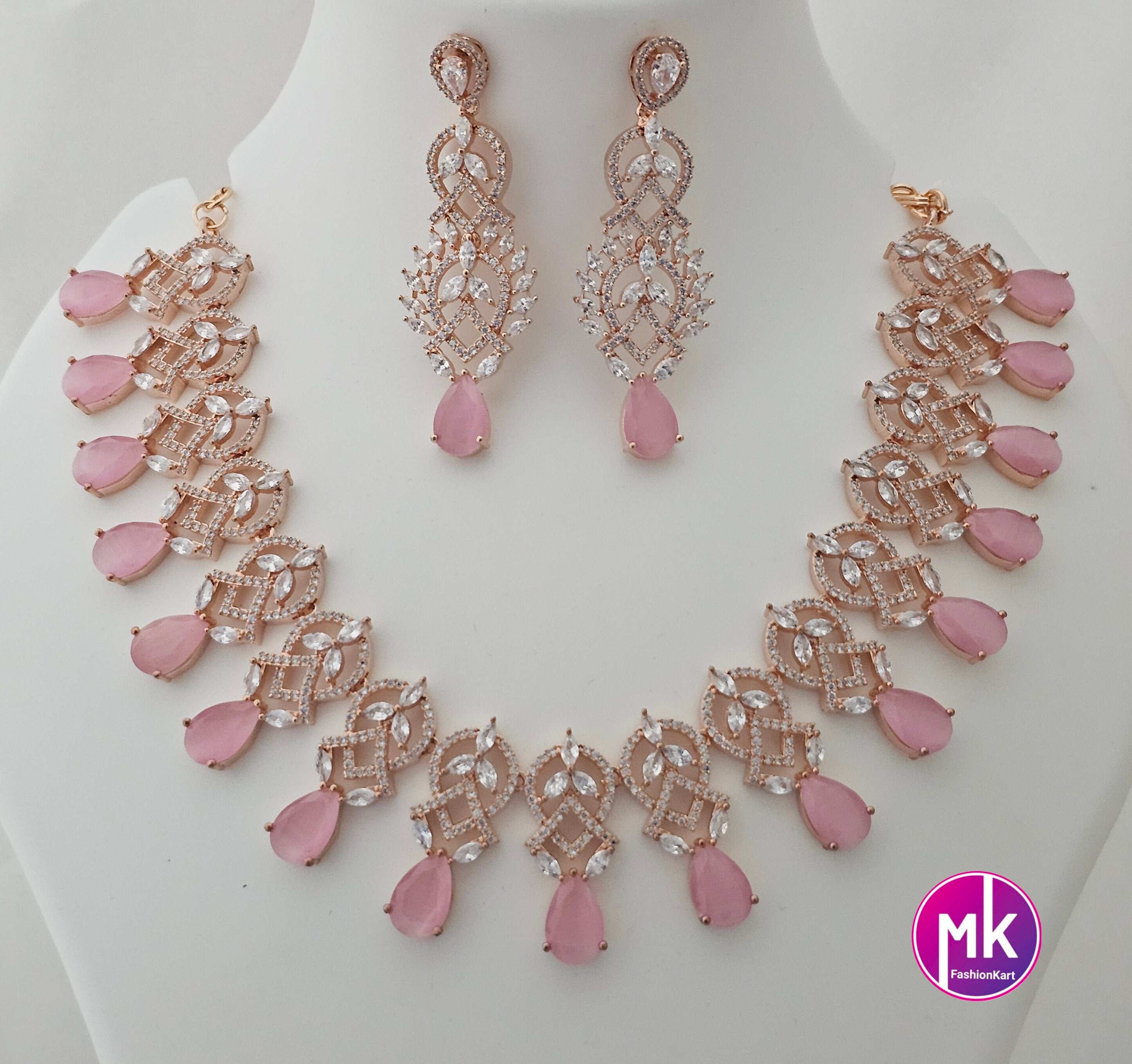 Rose gold Gorgeous AD Stone Bridal Choker and matching long Earrings - Prom Necklace -  Gold Replica