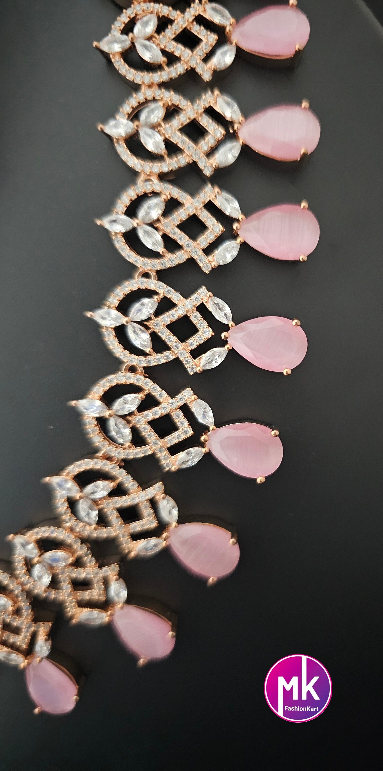 Rose gold Gorgeous AD Stone Bridal Choker and matching long Earrings - Prom Necklace -  Gold Replica