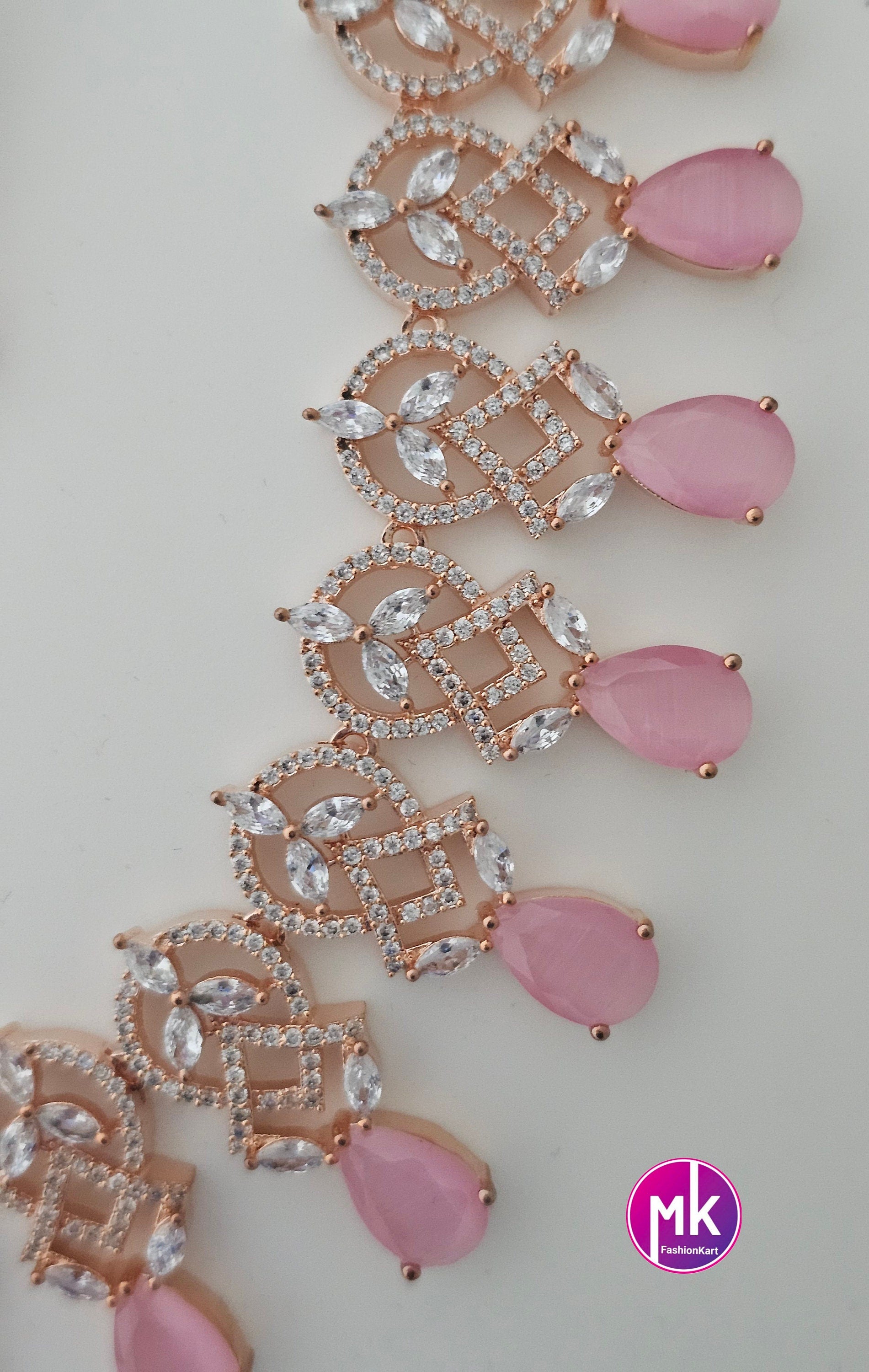 Rose gold Gorgeous AD Stone Bridal Choker and matching long Earrings - Prom Necklace -  Gold Replica