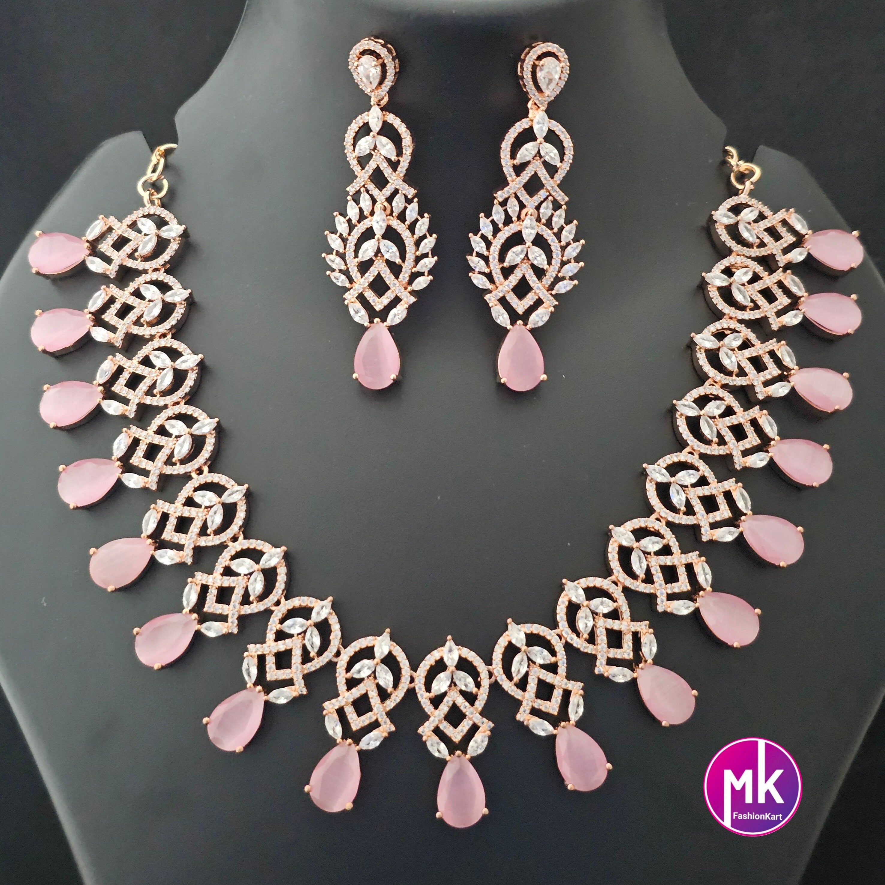 Rose gold Gorgeous AD Stone Bridal Choker and matching long Earrings - Prom Necklace -  Gold Replica