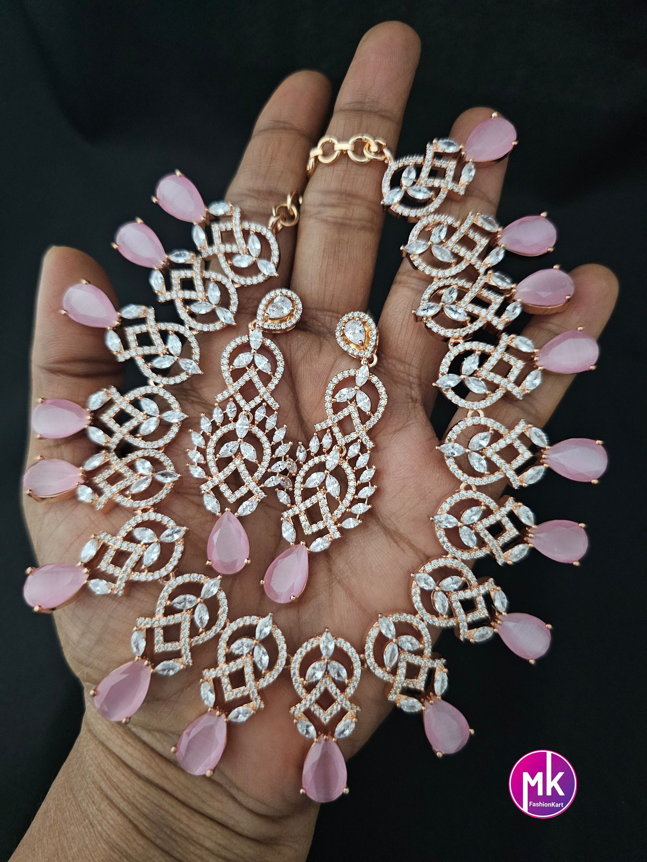 Rose gold Gorgeous AD Stone Bridal Choker and matching long Earrings - Prom Necklace -  Gold Replica