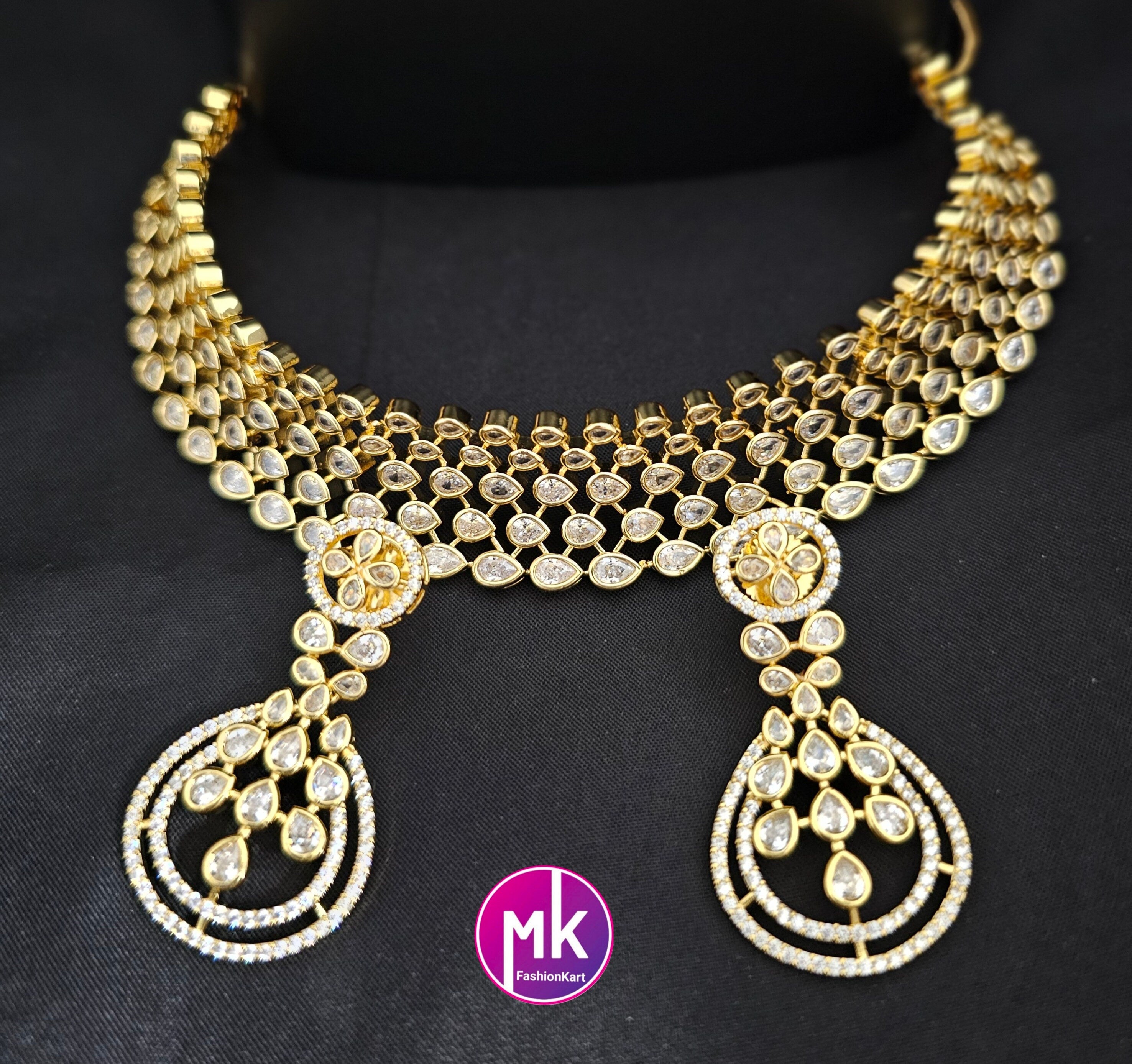 Premium Gold finish AD Stone White Choker with matching long Earrings - Prom Necklace -  Gold Jewelry Replica