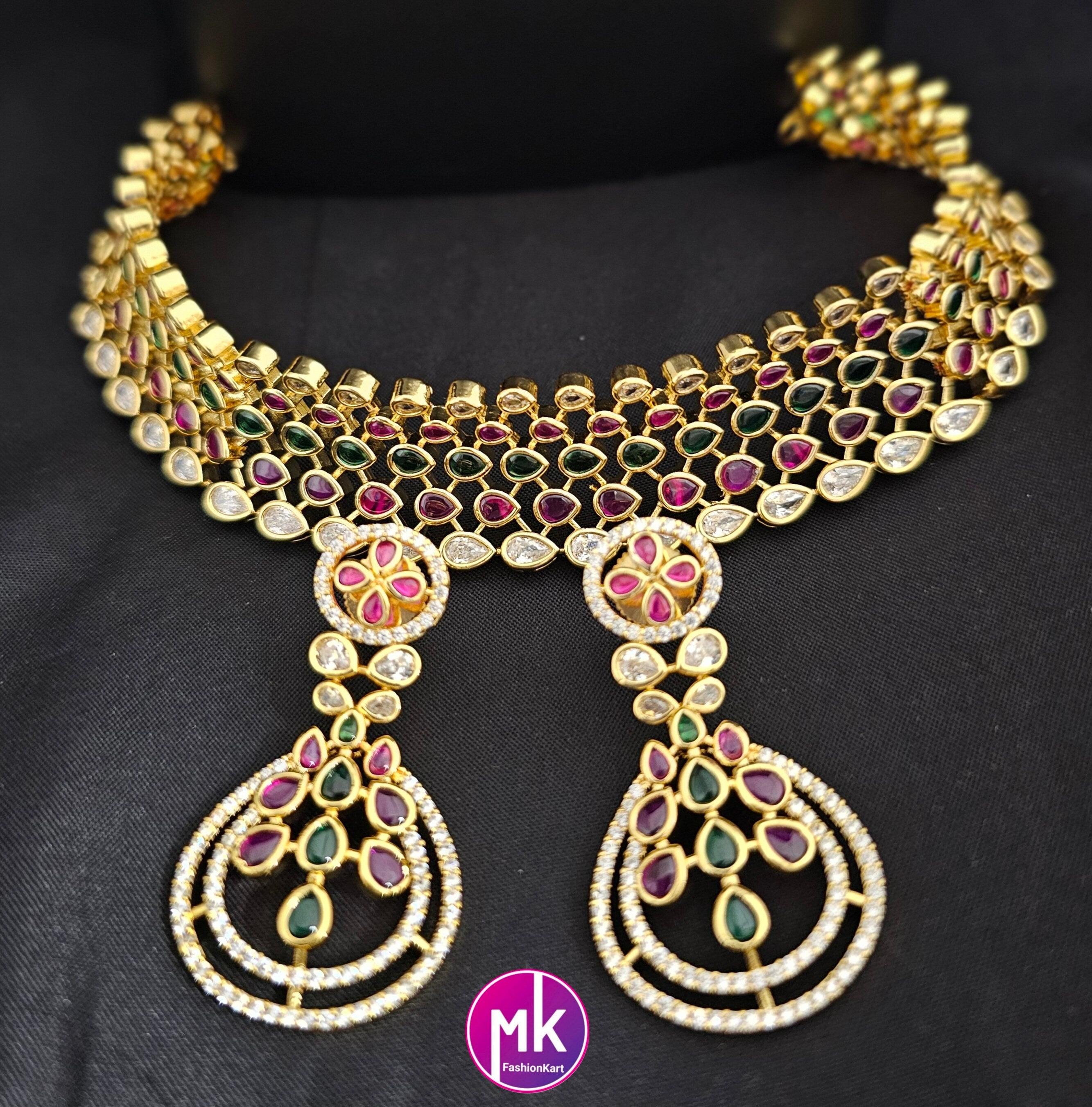 Premium Gold finish AD Stone Multi-color Choker with matching long Earrings - Prom Necklace -  Gold Jewelry Replica