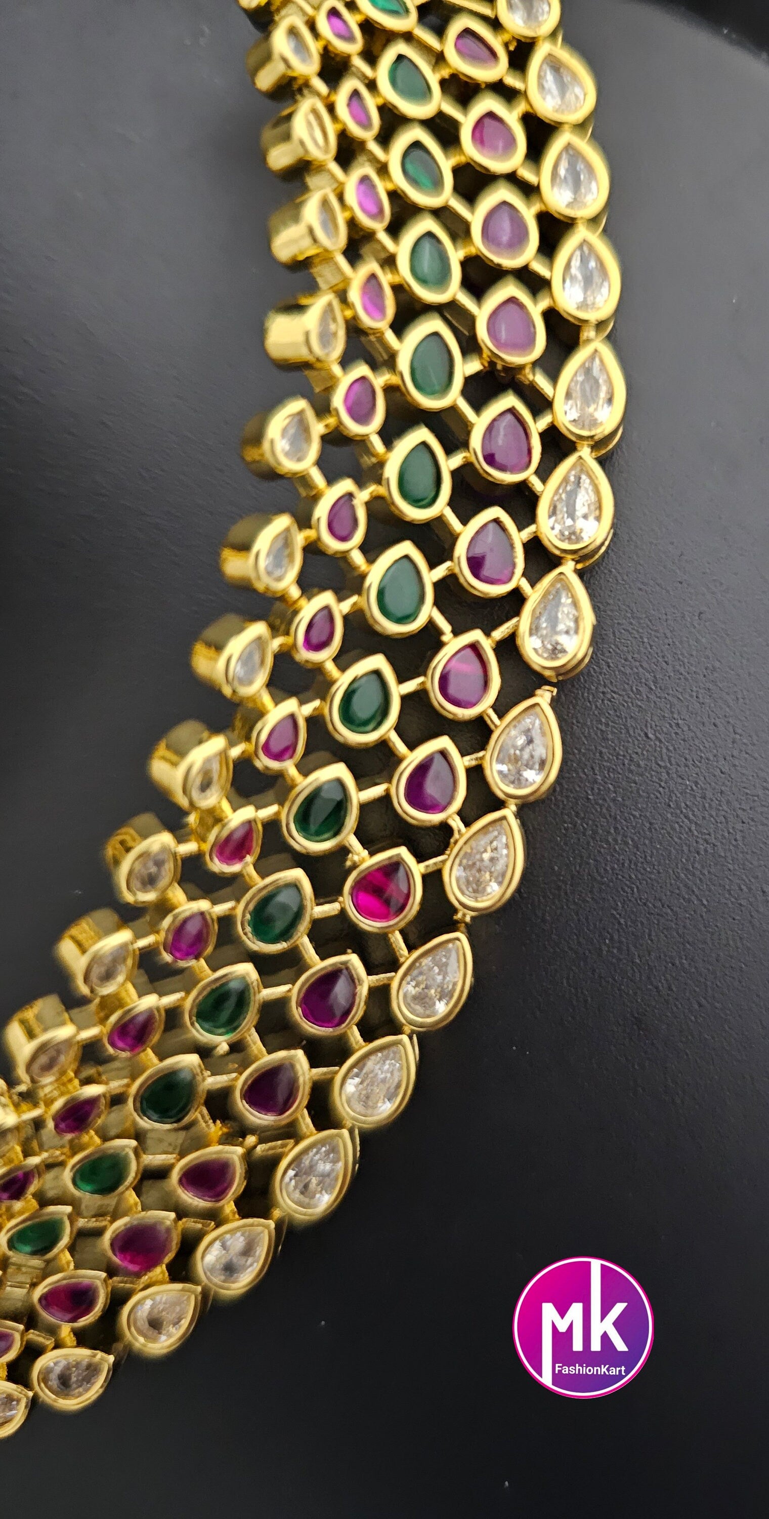 Premium Gold finish AD Stone Multi-color Choker with matching long Earrings - Prom Necklace -  Gold Jewelry Replica