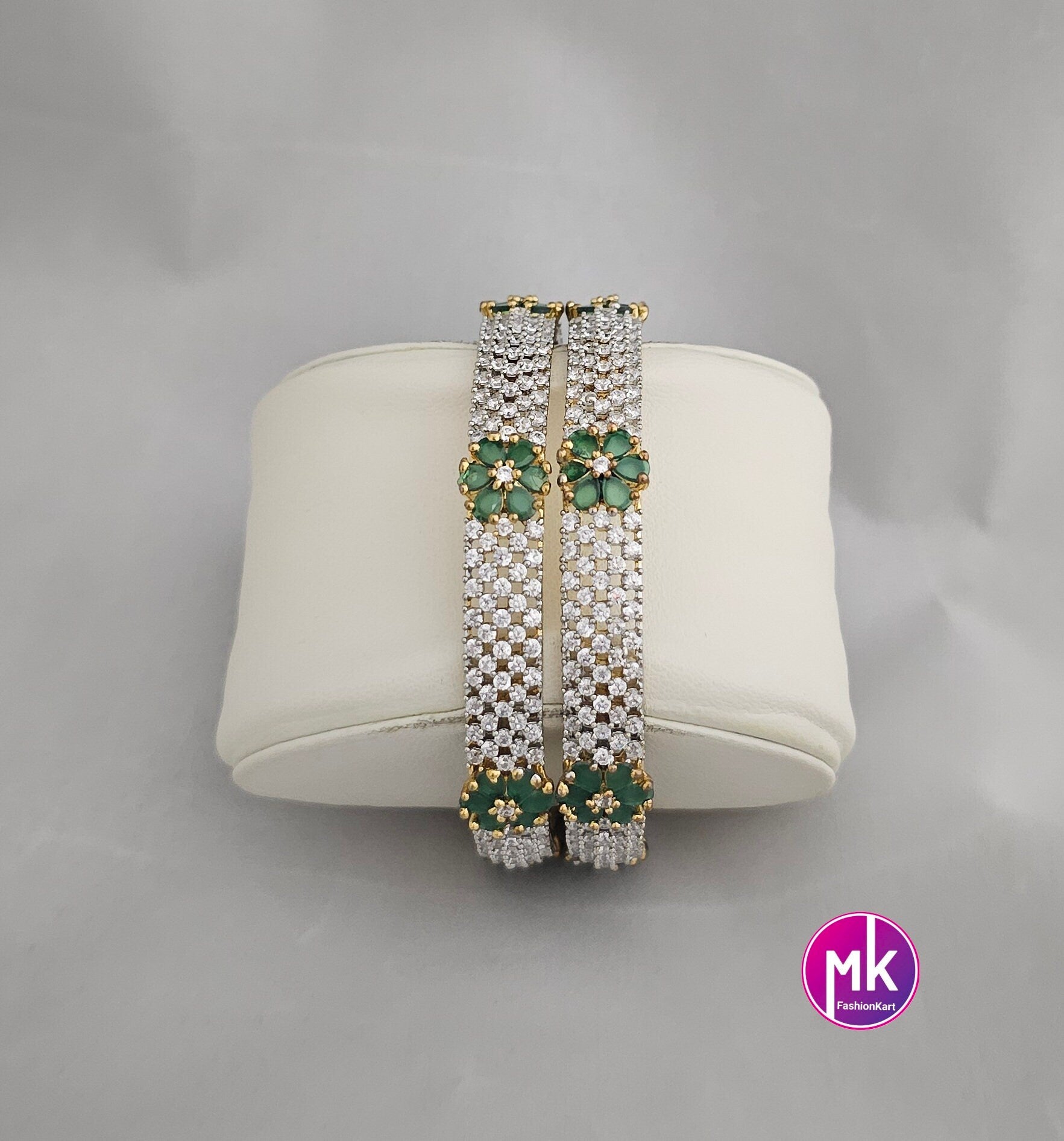 Premium Quality Gold finish AD White and Green stone flower type Bangles - Set of 2 bangles - Size 2.6