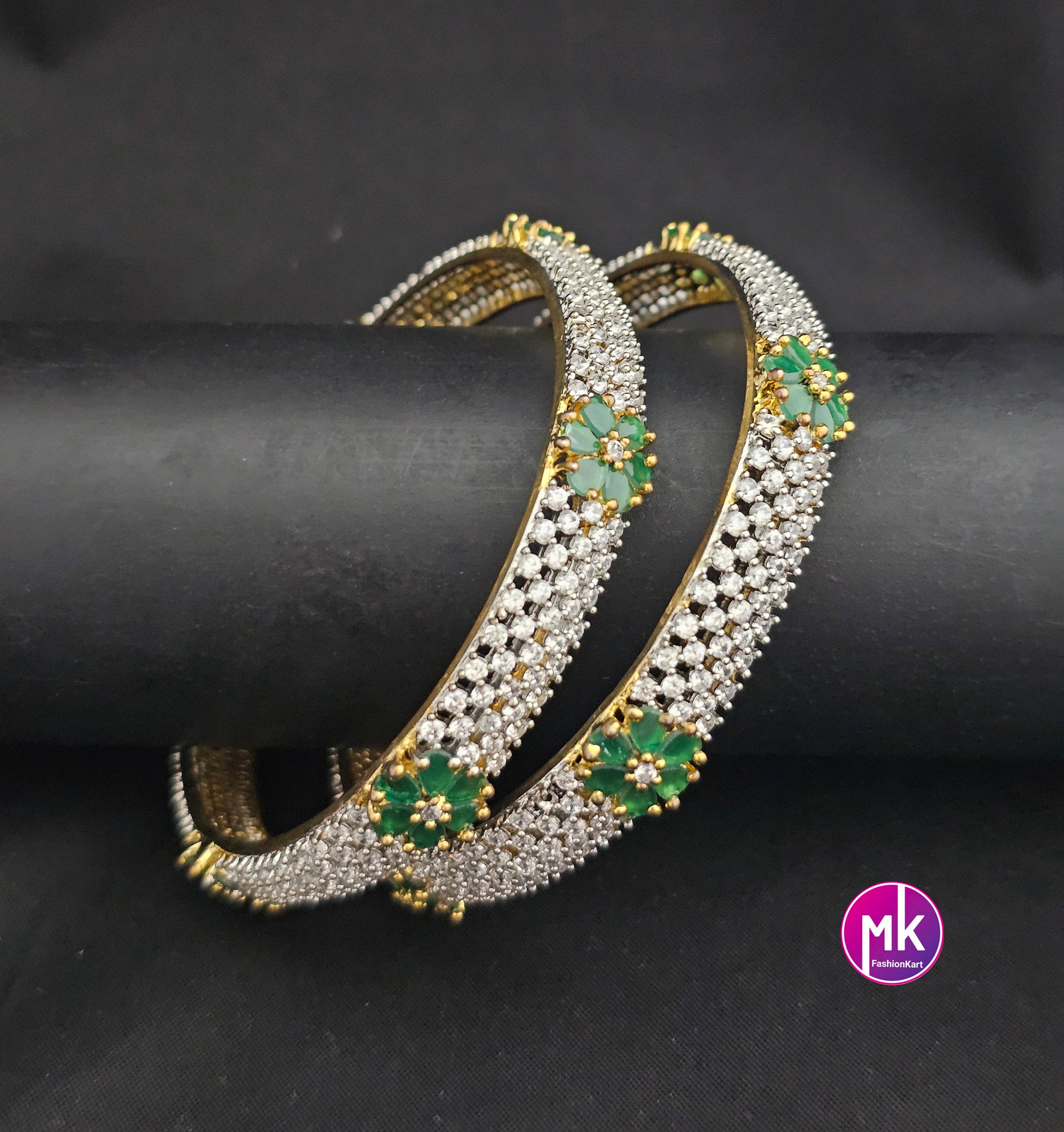 Premium Quality Gold finish AD White and Green stone flower type Bangles - Set of 2 bangles - Size 2.6