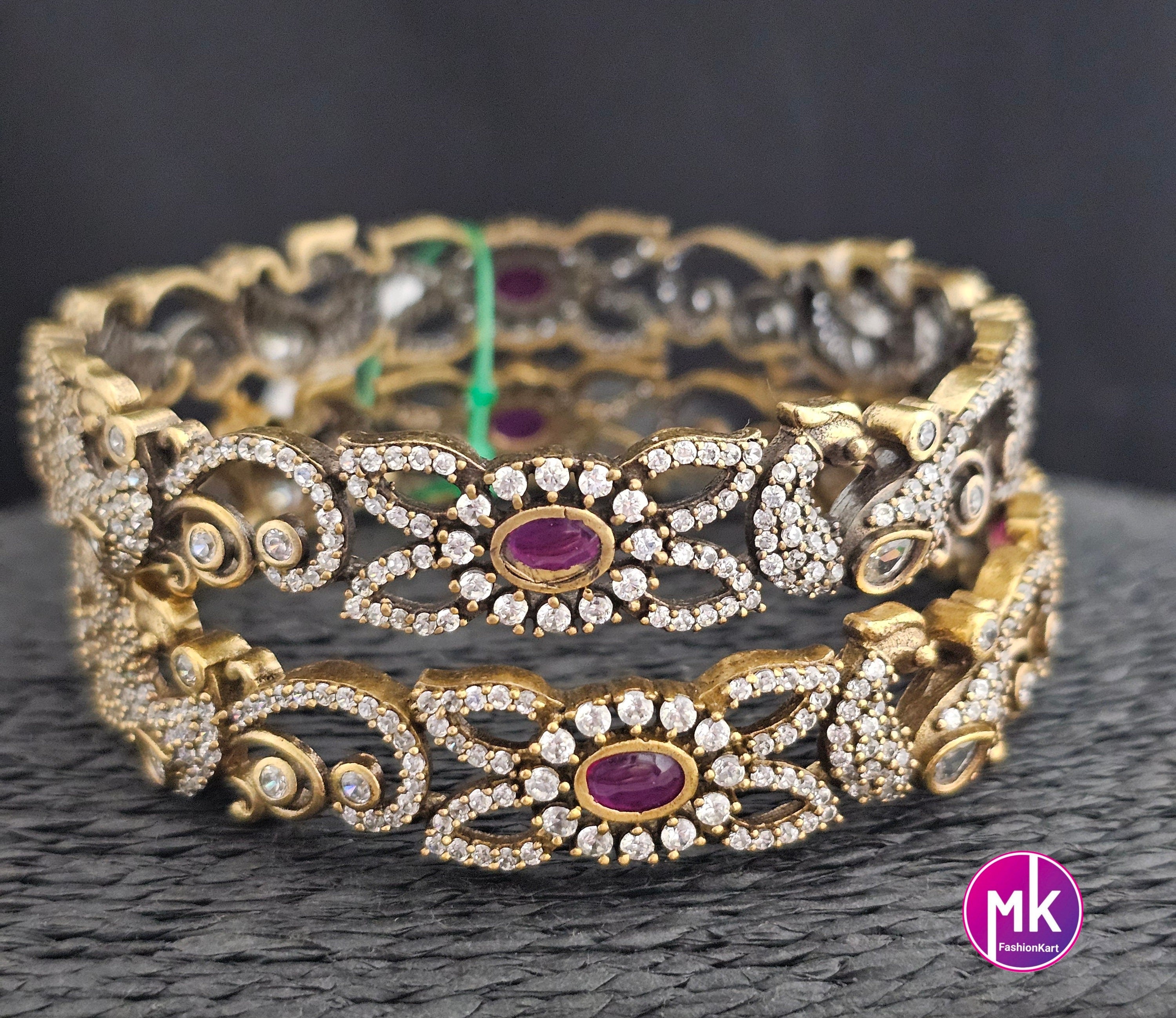 Victorian Bangle / Ethnic Bangles / Bollywood Jewelry / Floral and Peacock design Bangle - Set of 2 bangles - Size 2.6/2.8
