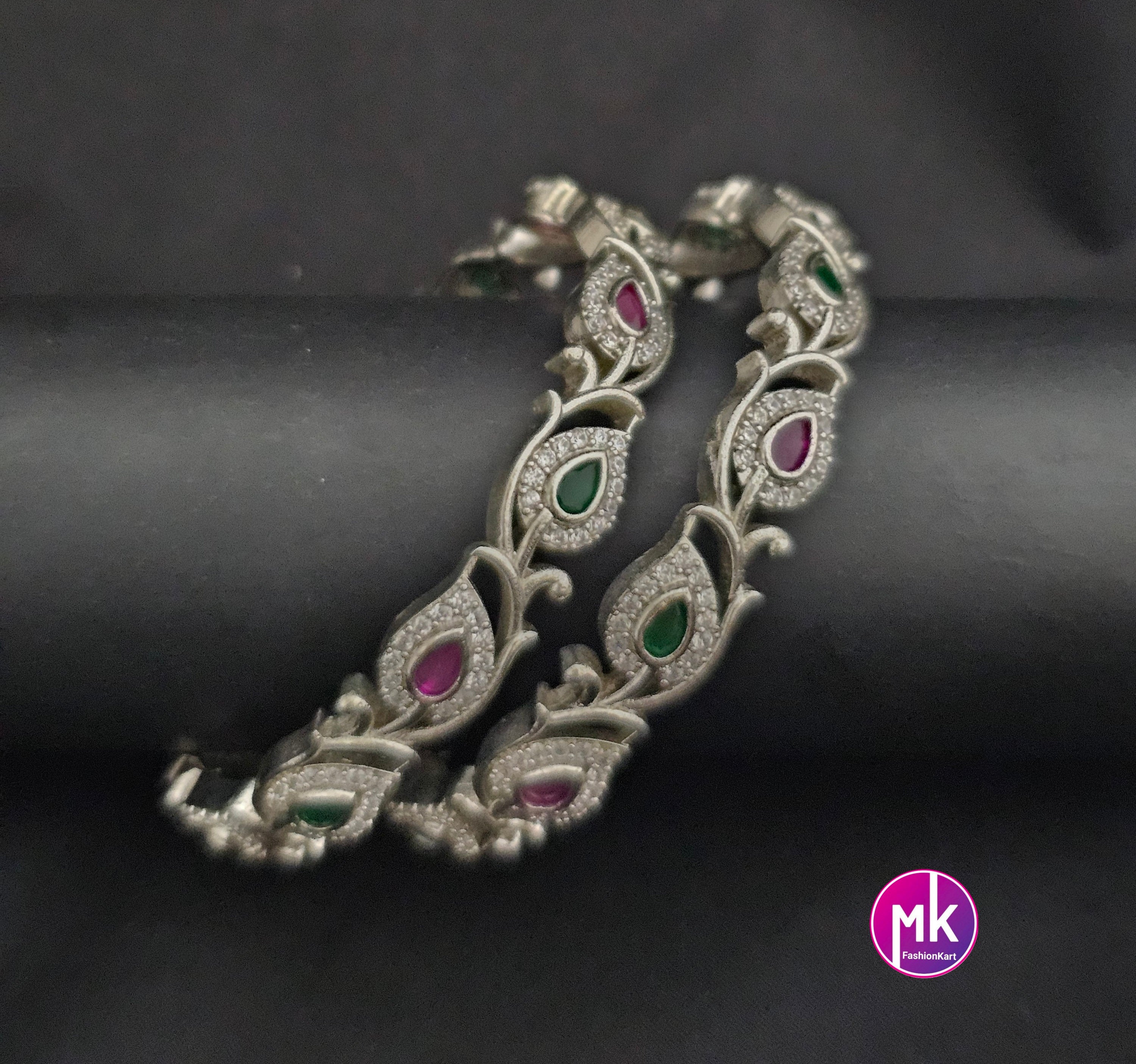 Silver Finish Premium Quality Multi-color Leaves design AD stone Bangles - Set of 2 bangles - Size 2.6