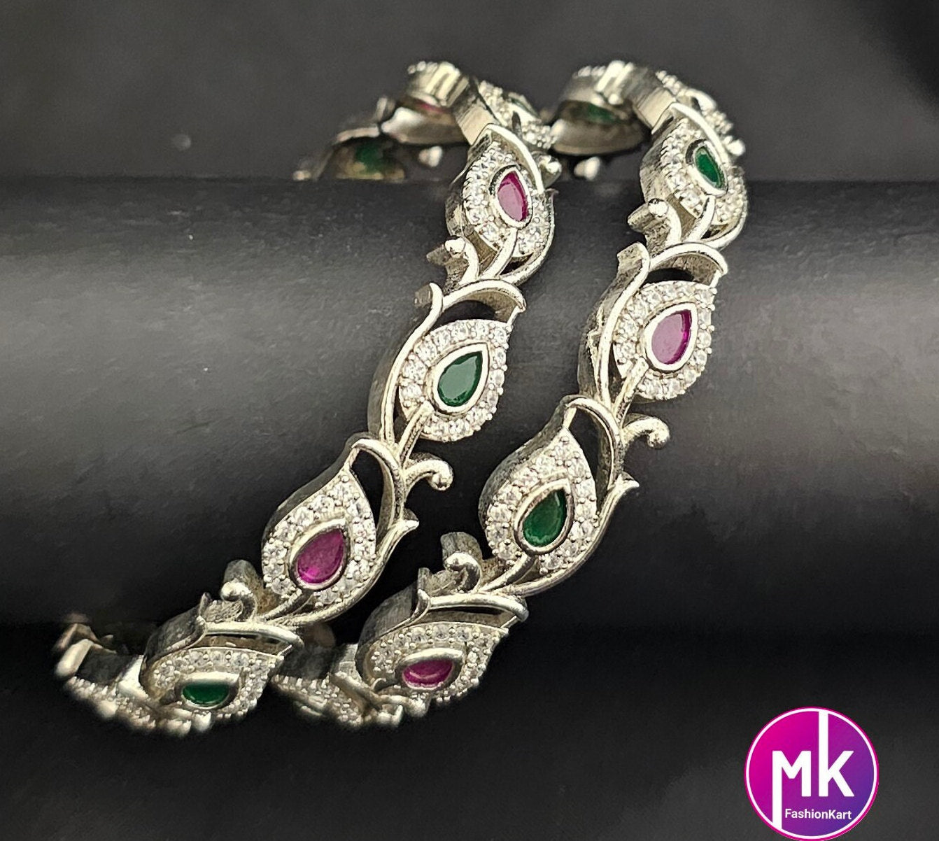 Silver Finish Premium Quality Multi-color Leaves design AD stone Bangles - Set of 2 bangles - Size 2.6