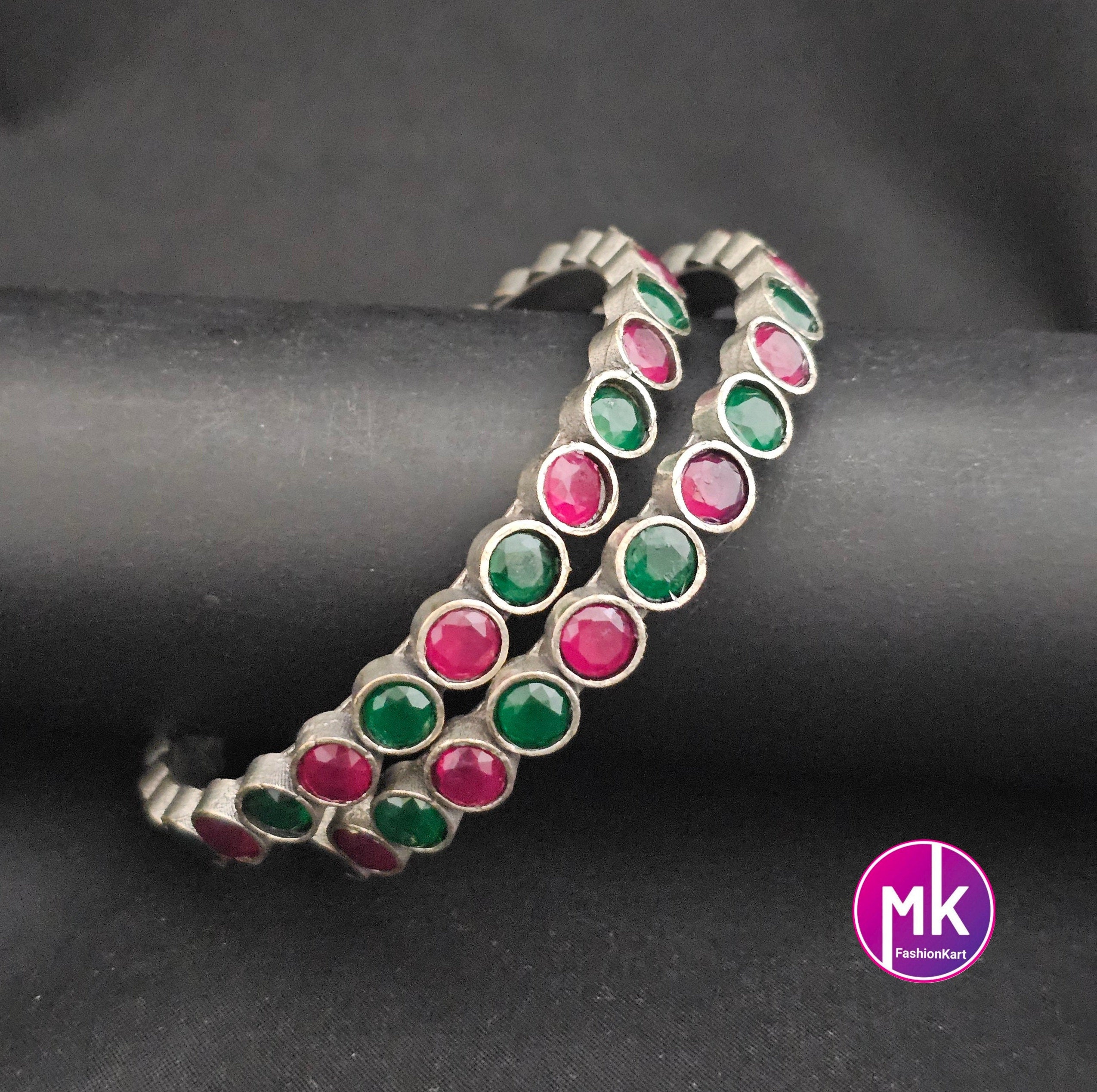 Oxidized Bangles with multi-color stones - Set of 2 Bangles - Size 2.6