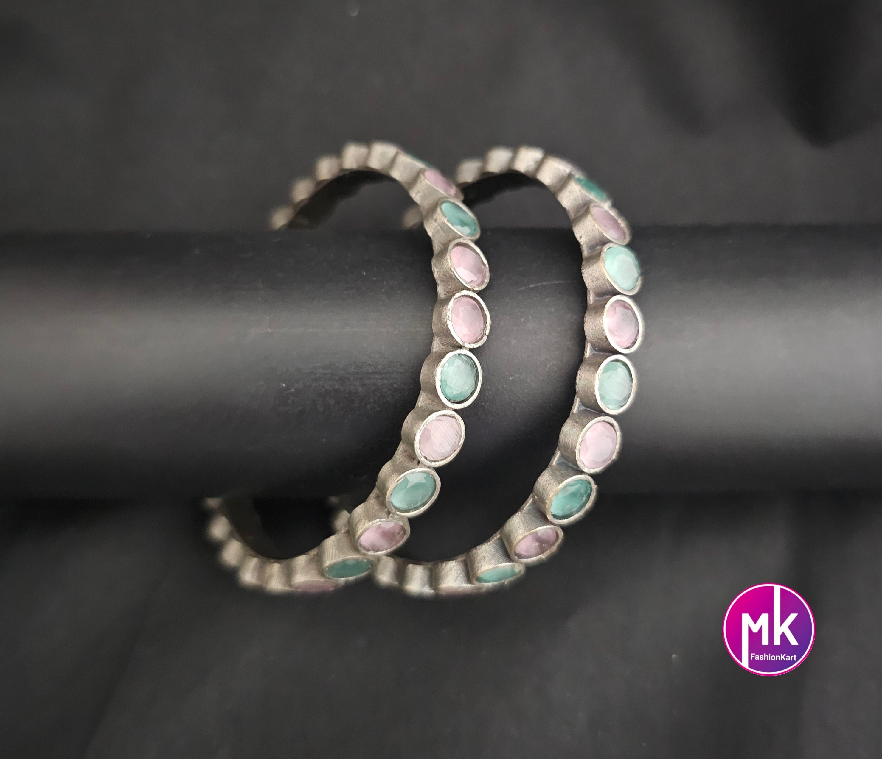 Oxidized Bangles with multi-color stones - Set of 2 Bangles - Size 2.6