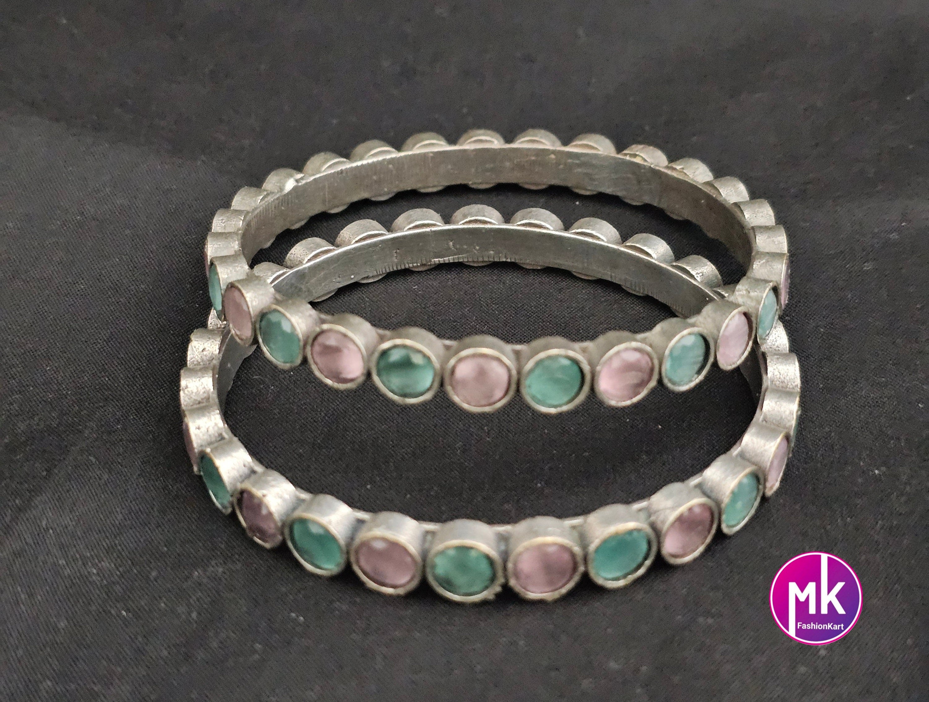 Oxidized Bangles with multi-color stones - Set of 2 Bangles - Size 2.6