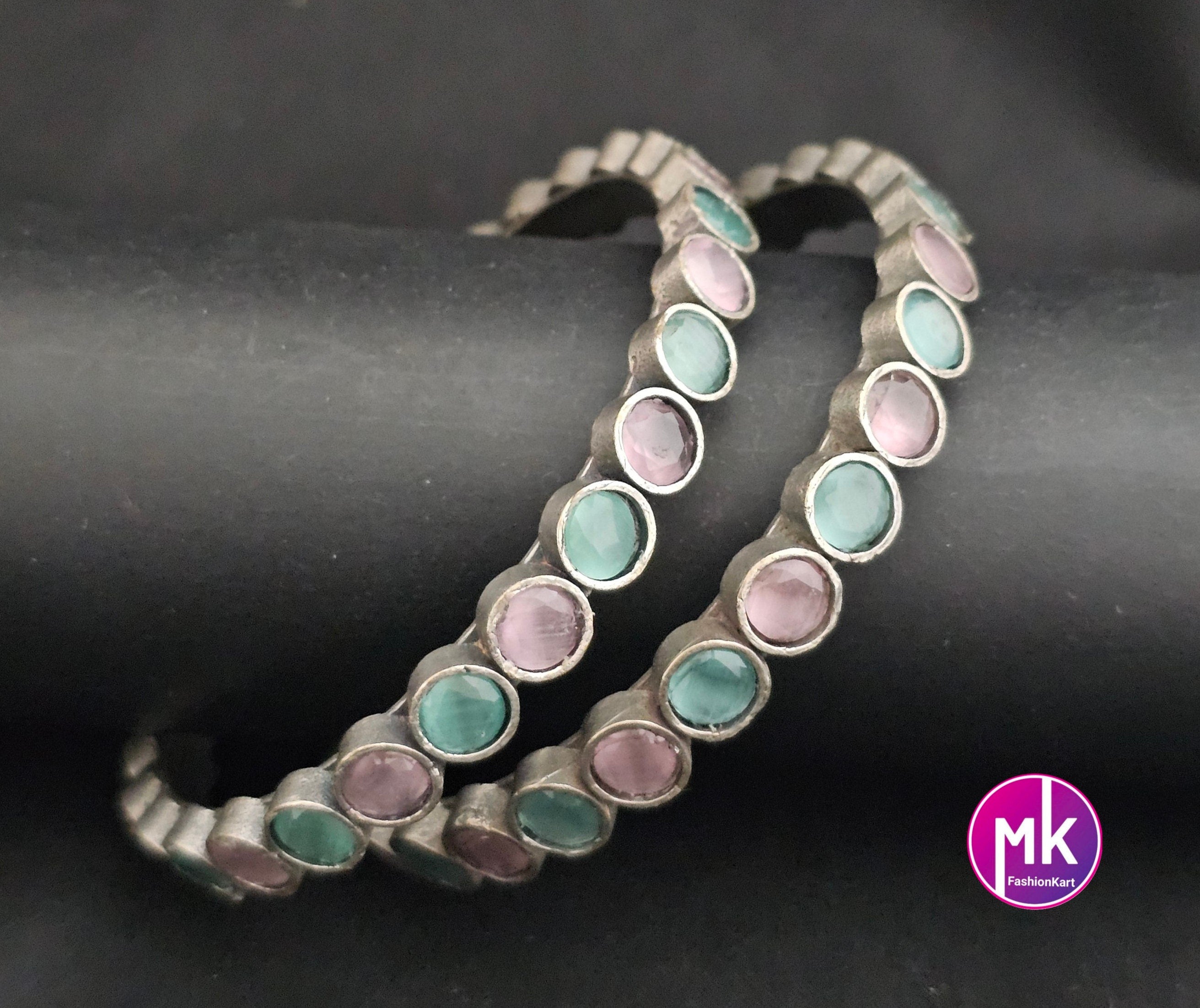 Oxidized Bangles with multi-color stones - Set of 2 Bangles - Size 2.6