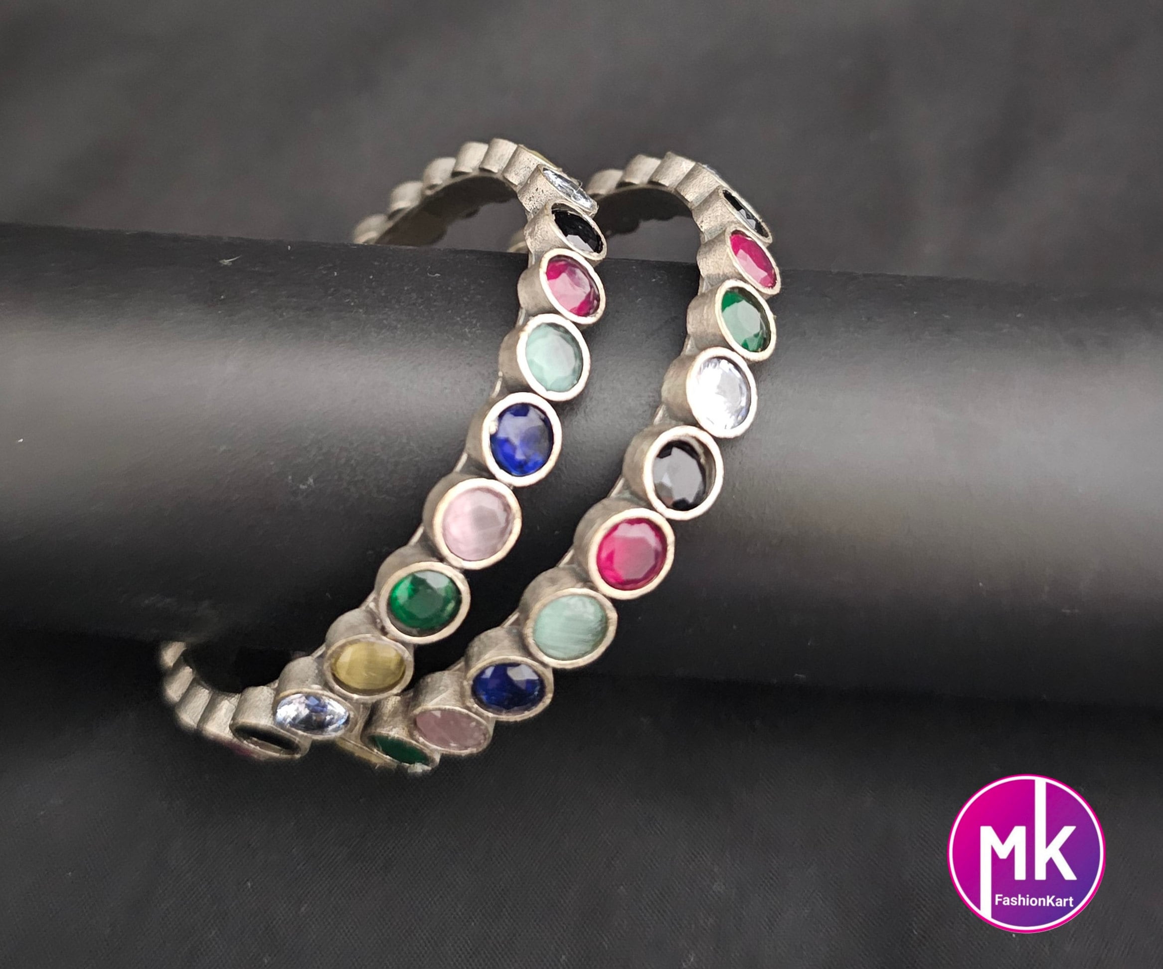 Oxidized Bangles with multi-color stones - Set of 2 Bangles - Size 2.6