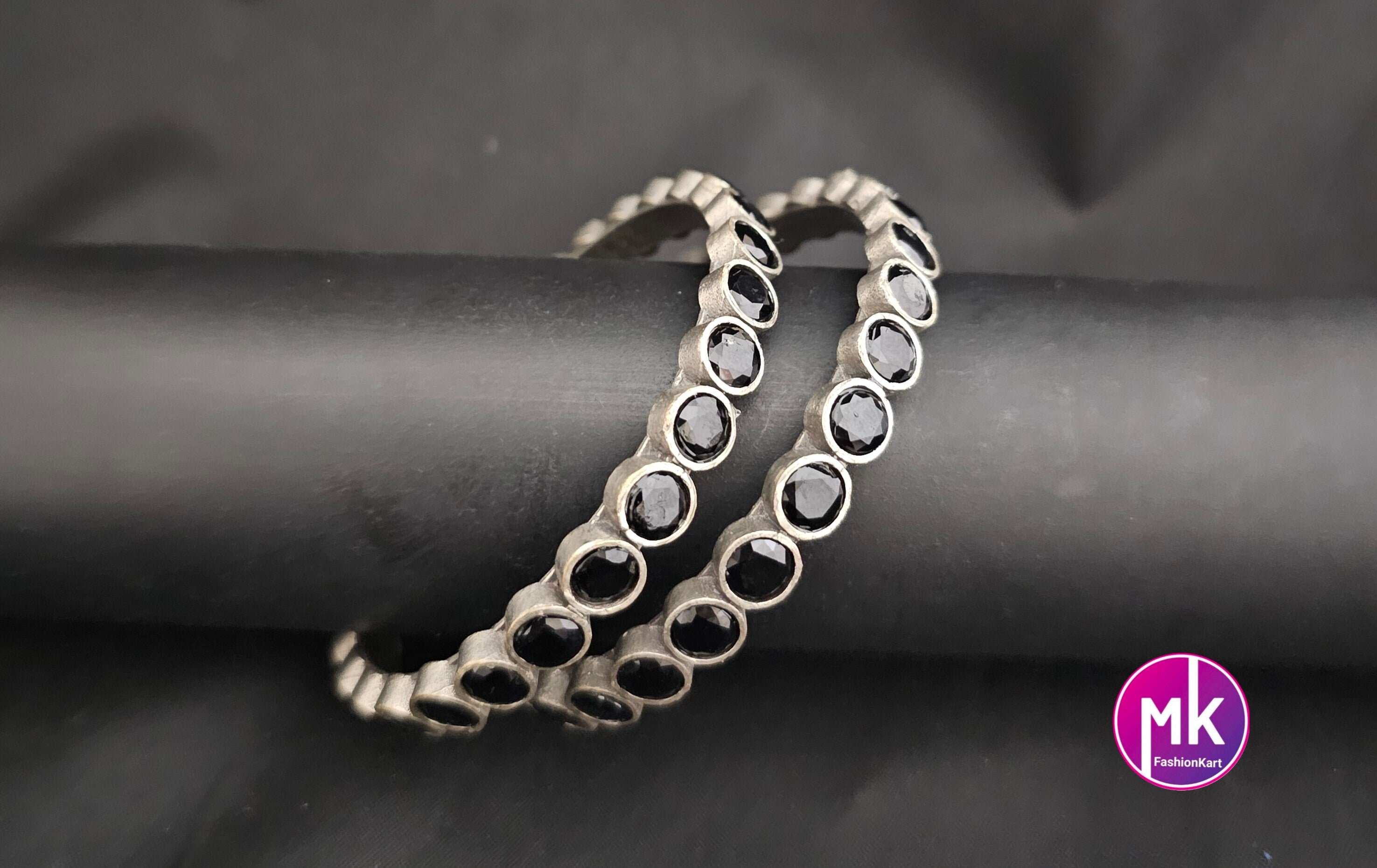 Oxidized Bangles with Black stones - Set of 2 Bangles - Size 2.6