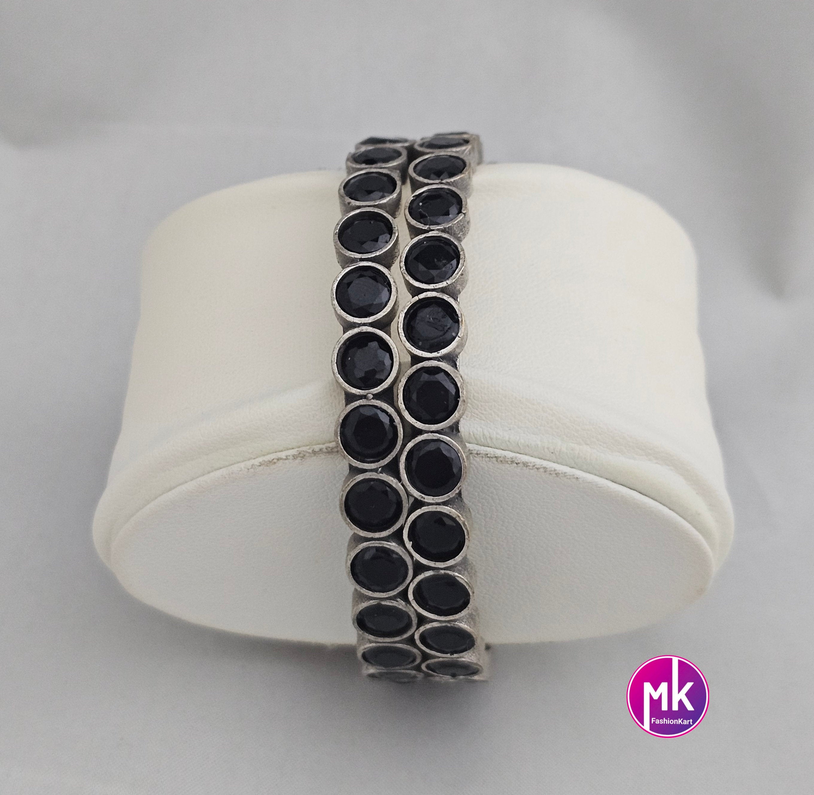 Oxidized Bangles with Black stones - Set of 2 Bangles - Size 2.6