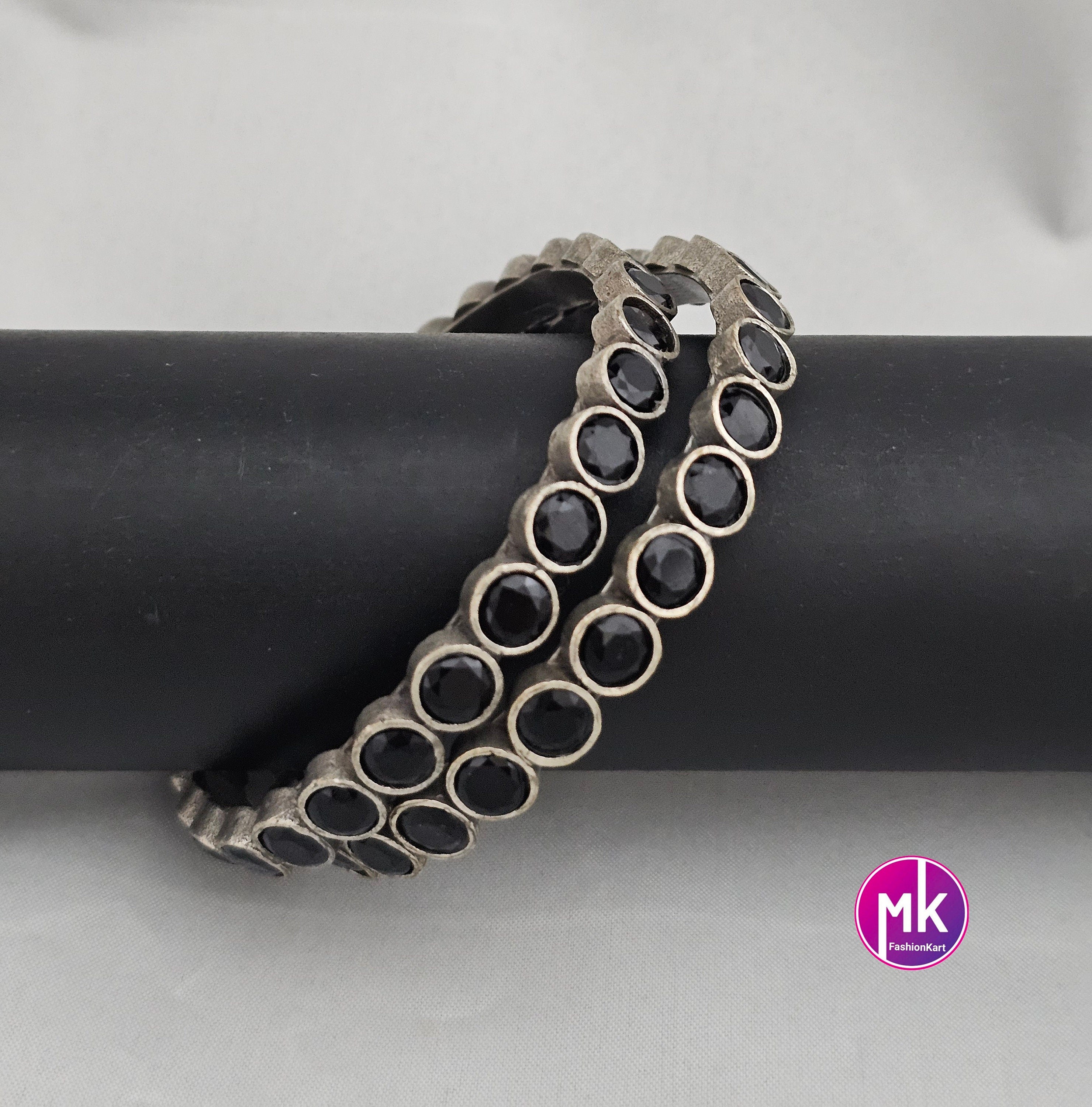 Oxidized Bangles with Black stones - Set of 2 Bangles - Size 2.6