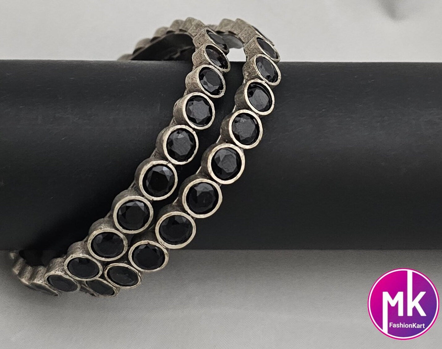 Oxidized Bangles with Black stones - Set of 2 Bangles - Size 2.6