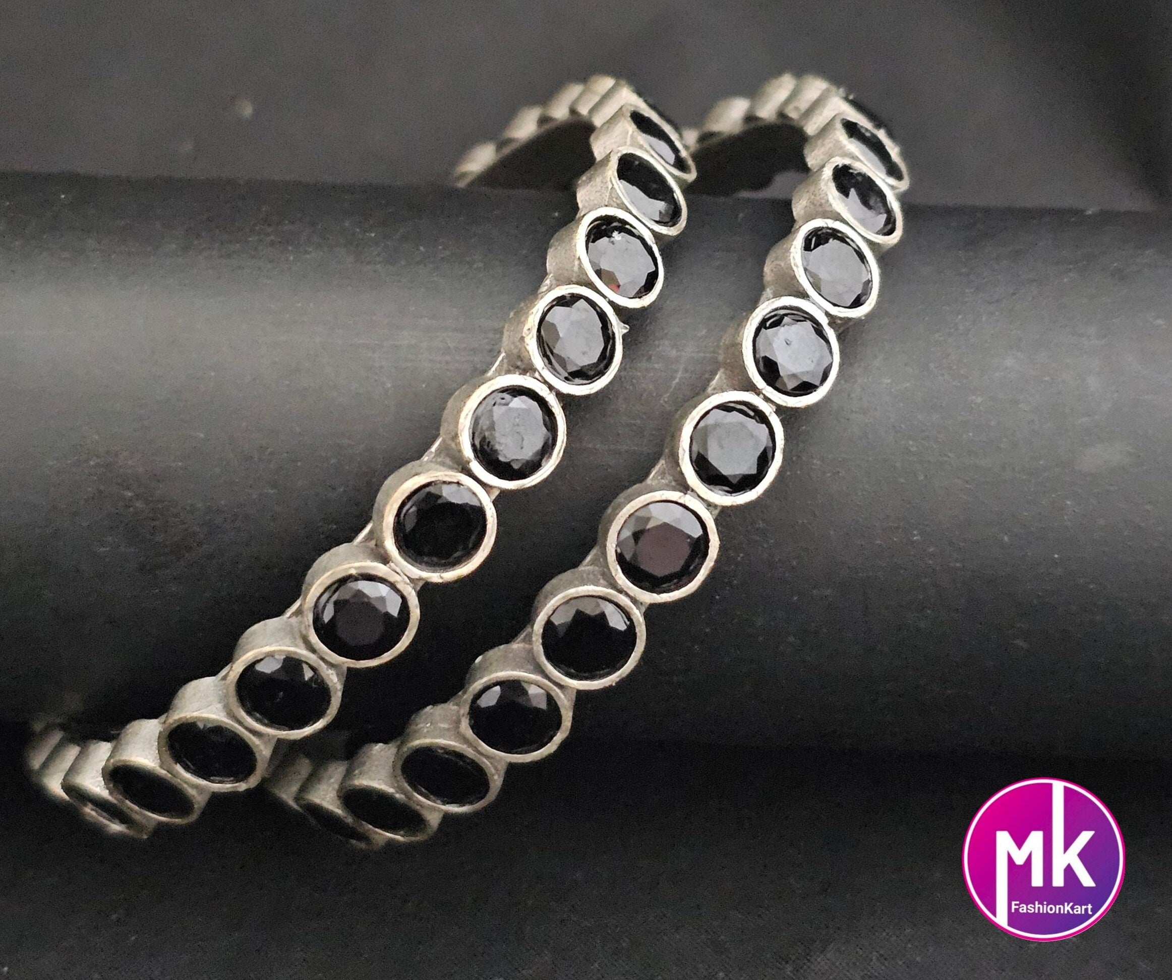Oxidized Bangles with Black stones - Set of 2 Bangles - Size 2.6