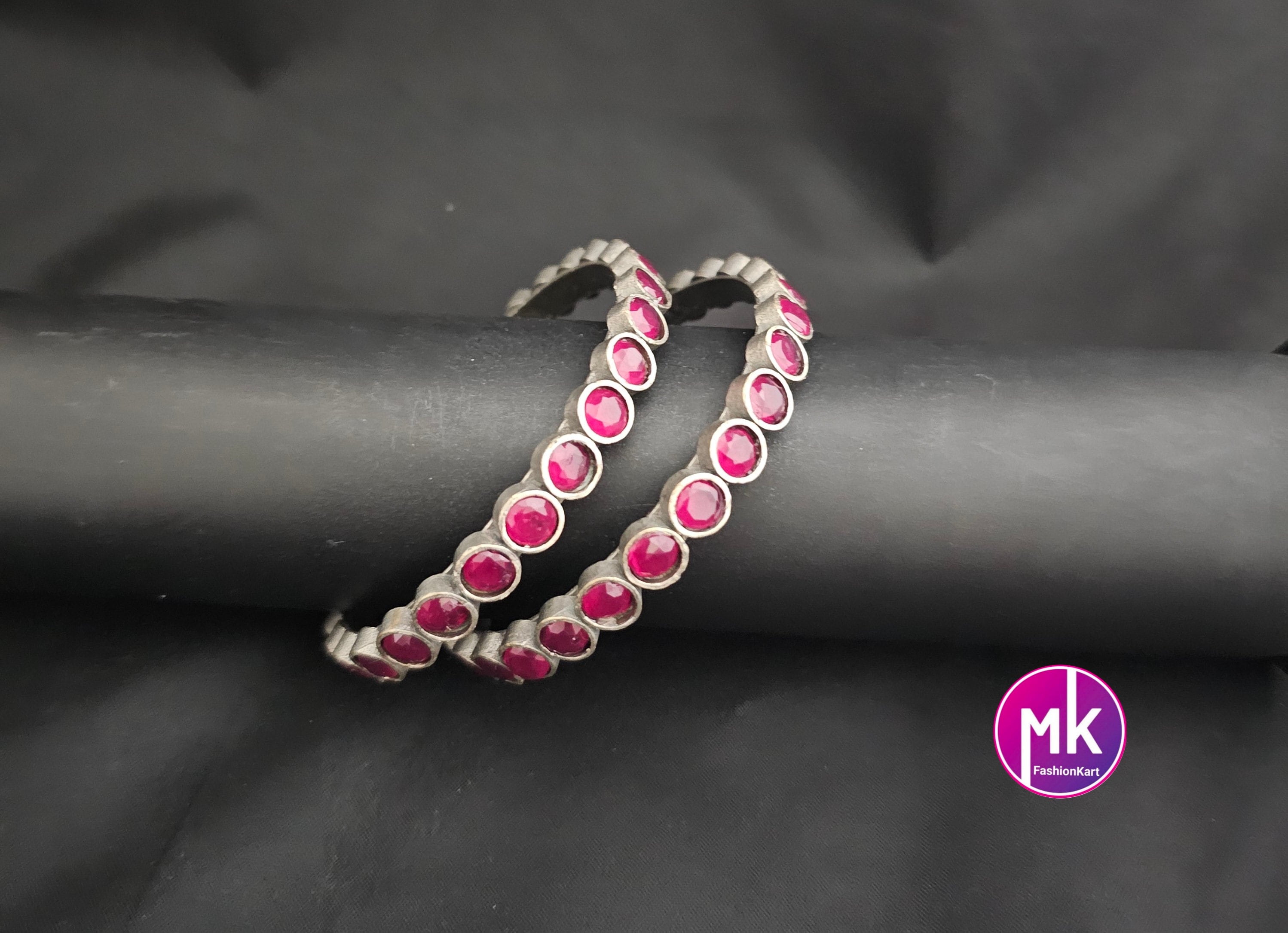Oxidized Bangles with Pink stones - Set of 2 Bangles - Size 2.6 - Fashion Jewelry