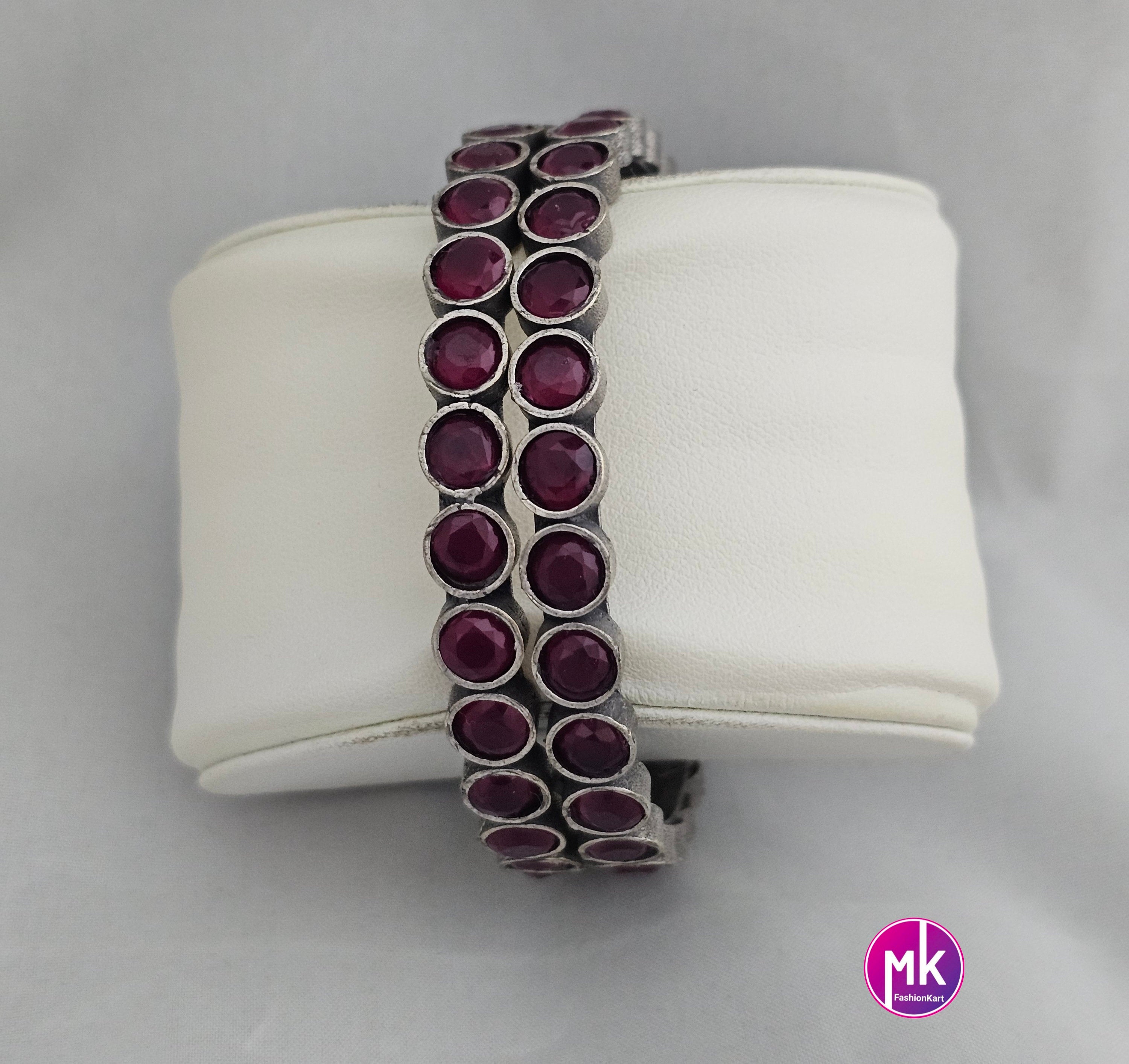 Oxidized Bangles with Pink stones - Set of 2 Bangles - Size 2.6 - Fashion Jewelry