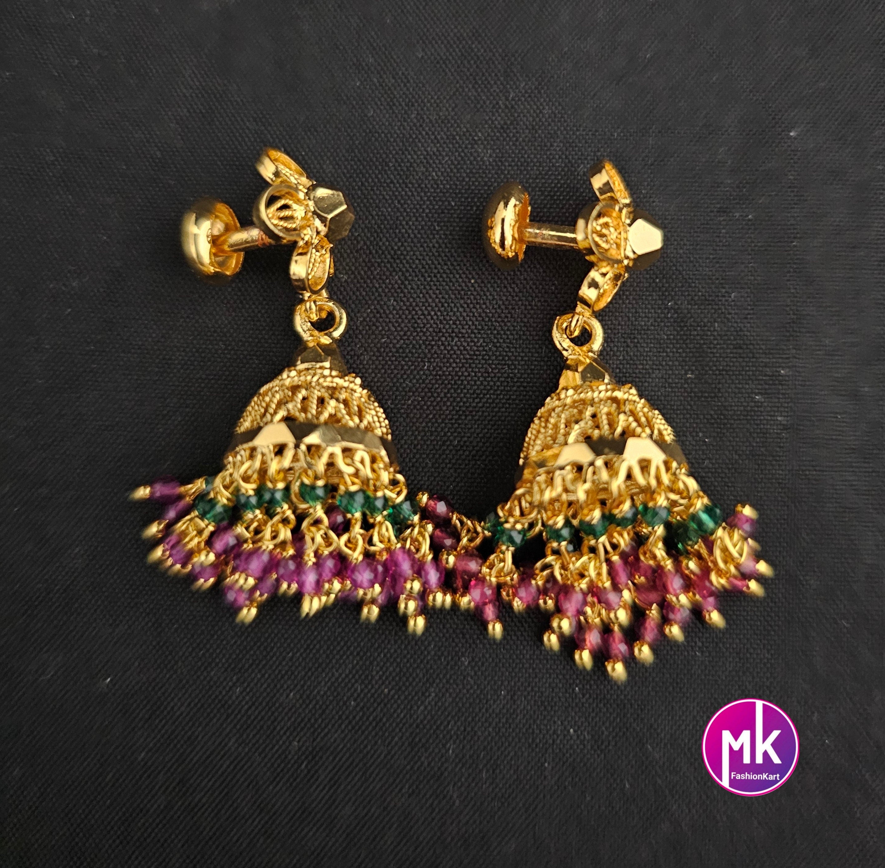 Gold finish Flower design Jhumka with hanging crystals and gold beads