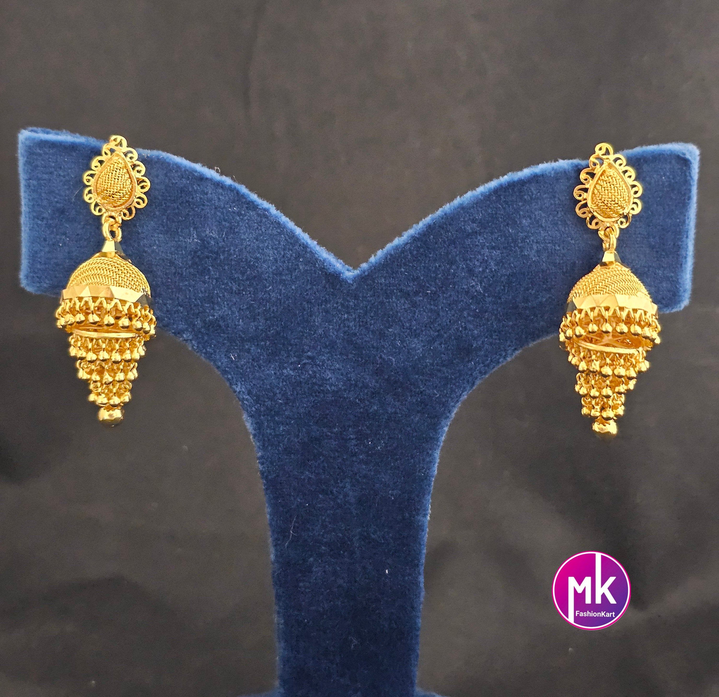 Beautiful Gold finish Multi-layer Jhumka with hanging gold beads