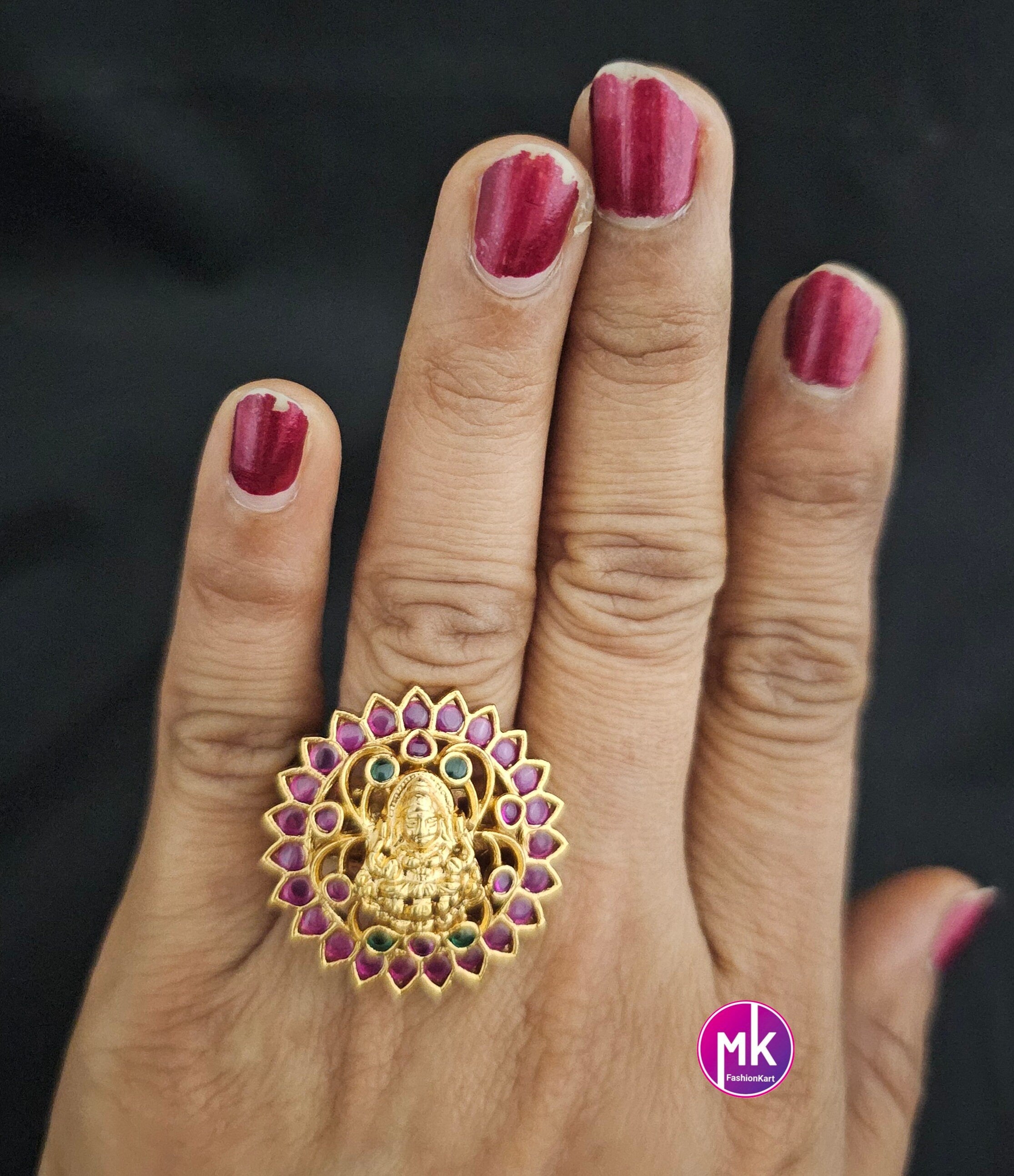 Lakshmi Premium Quality Gold finish Kemp stone Finger Ring (Adjustable)/Bollywood Ring